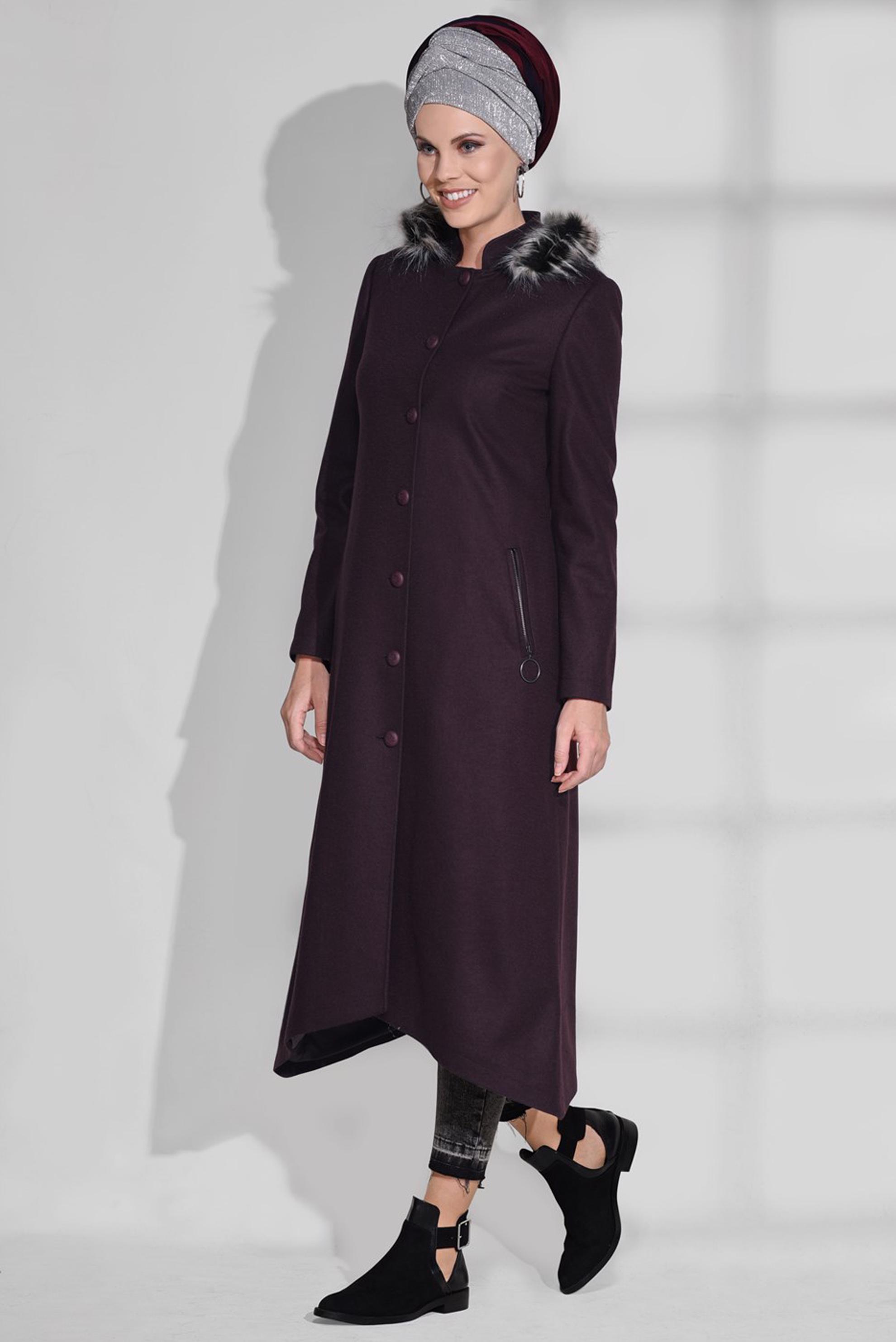 Tesettür giyim MÜRDÜM KAPÜŞONU PELUŞ DETAYLI CEPLERİ FERMUARLI KABAN 9744