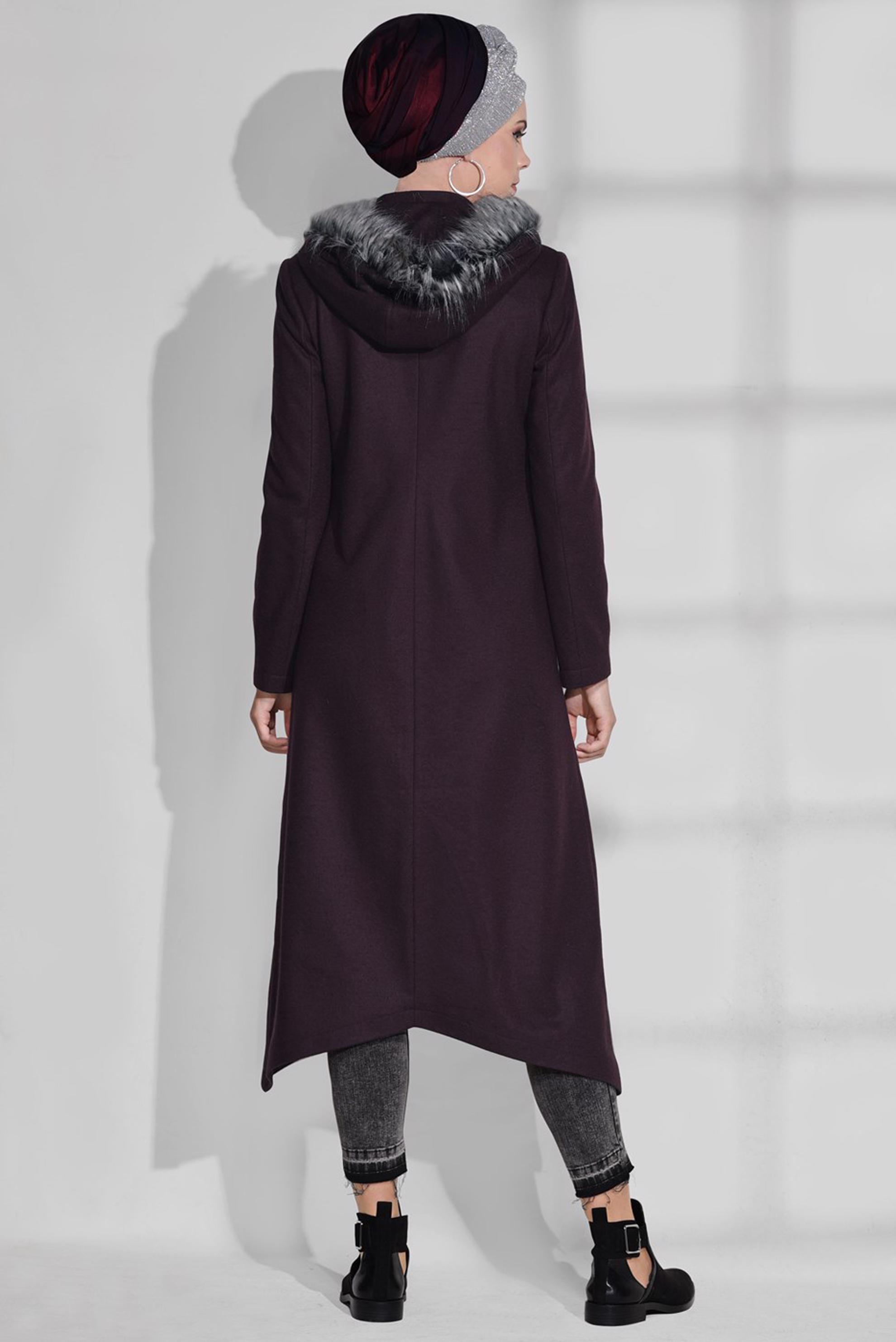 Tesettür giyim MÜRDÜM KAPÜŞONU PELUŞ DETAYLI CEPLERİ FERMUARLI KABAN 9744