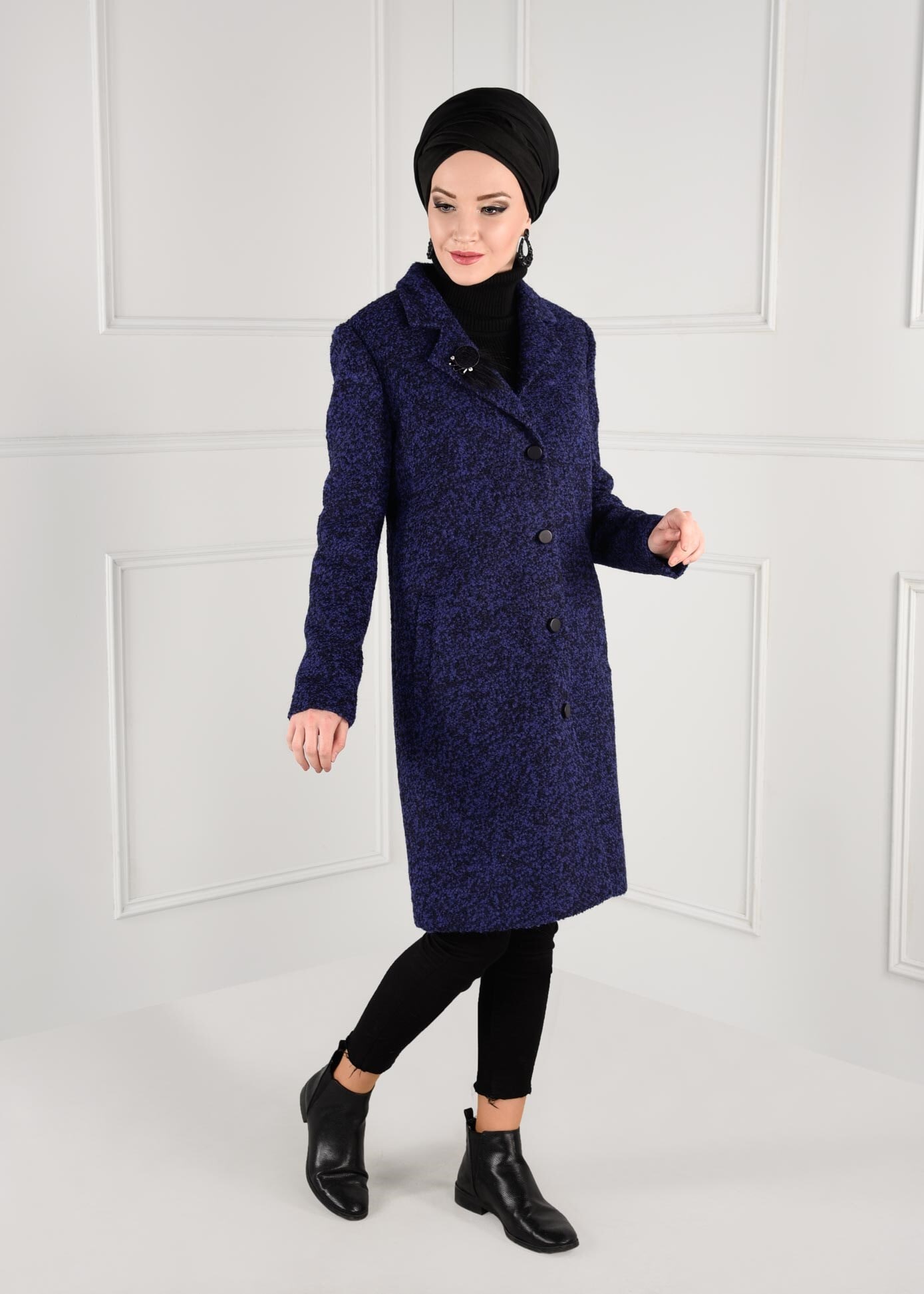 Tesettür giyim LACİVERT BROŞLU DÜĞMELİ KEÇE KABAN 9757 