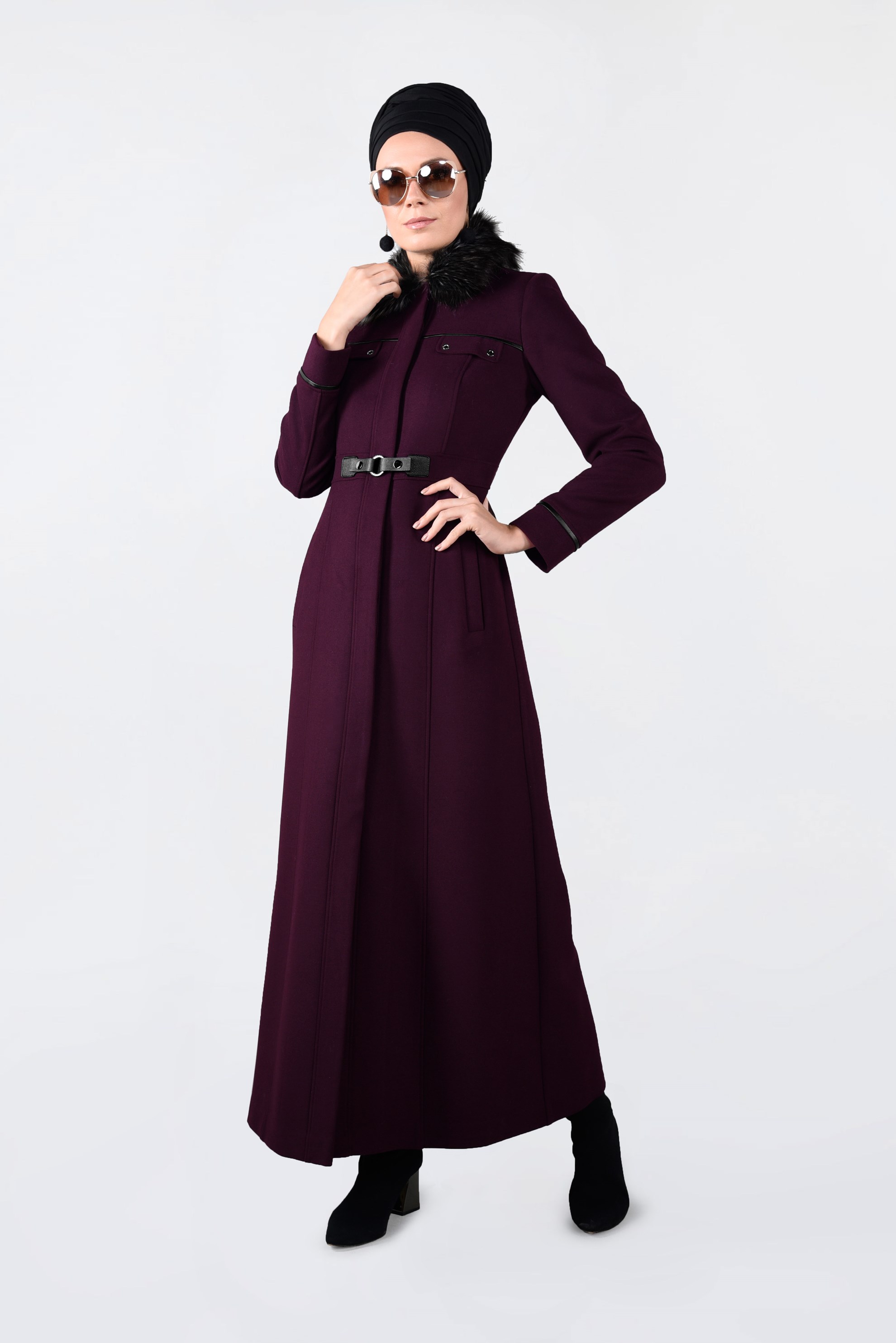 Tesettür giyim MÜRDÜM SIRTI BAĞCIK DETAYLI KÜRK YAKA MANTO 9665