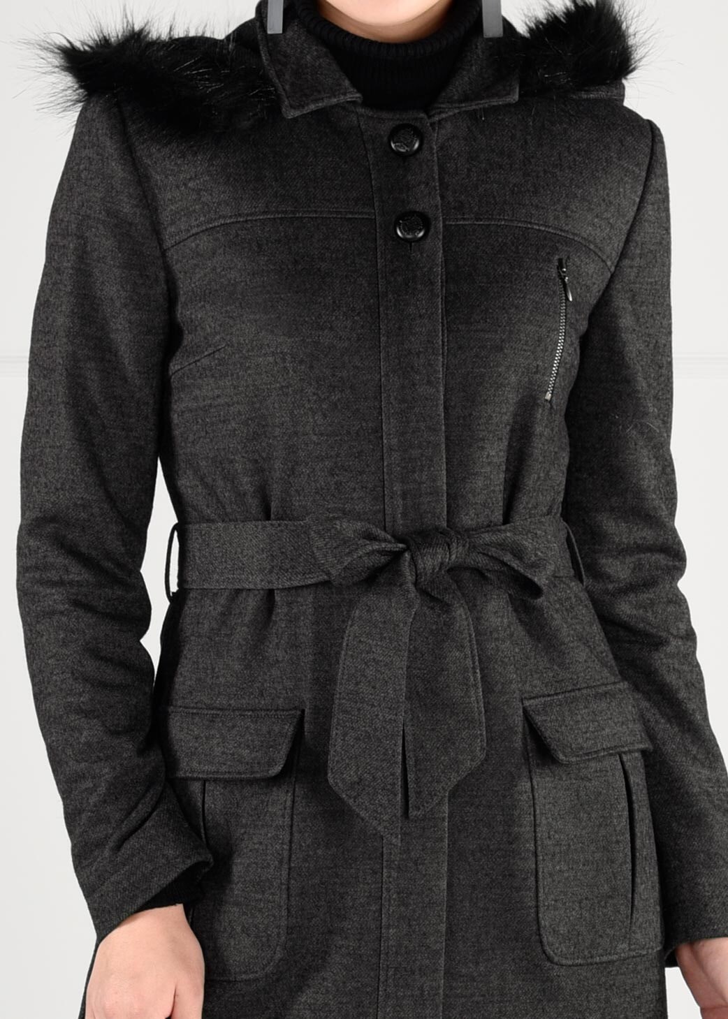 Tesettür giyim GRİ KAPÜŞONLU GİZLİ DÜĞMELİ KUŞAKLI MANTO 9720