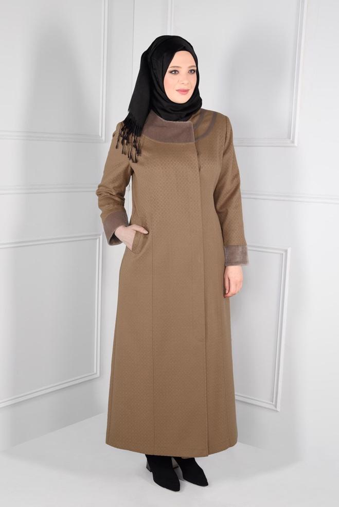 Hijab clothing BROWN FAUX-FUR DETAILED TWILLED OVERCOAT WITH POCKETS  9724  - ALVİNA