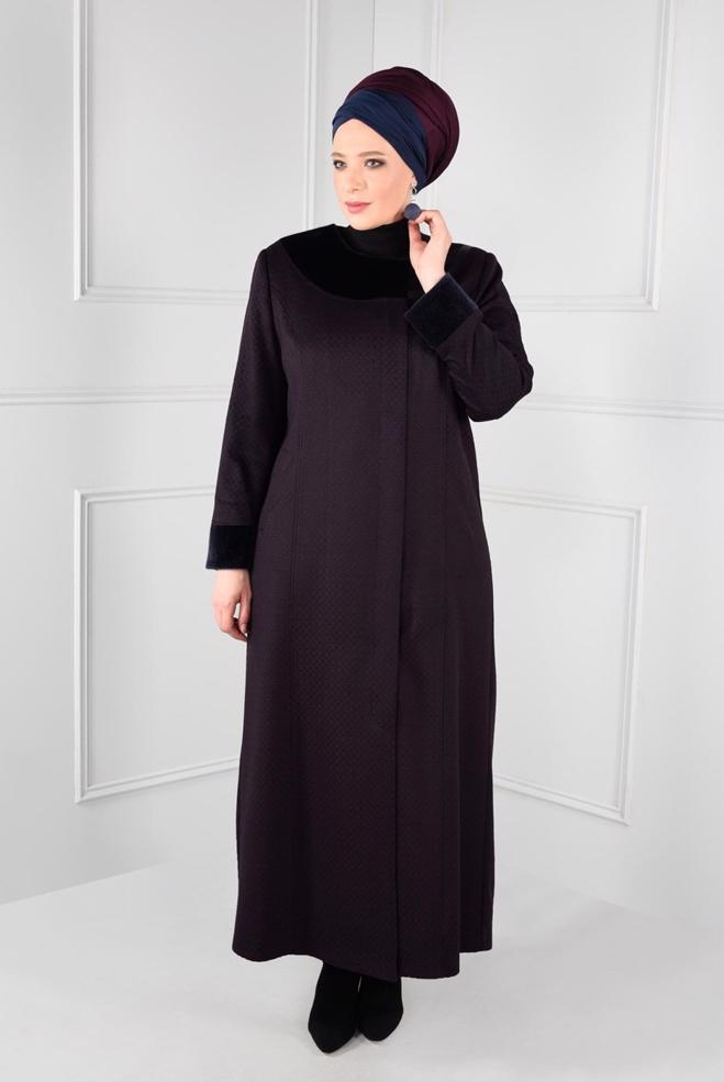 Hijab clothing NAVY BLUE FAUX-FUR DETAILED TWILLED OVERCOAT WITH POCKETS  9724  - ALVİNA