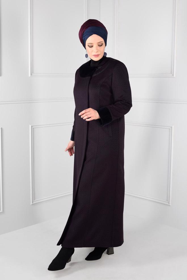 Hijab clothing NAVY BLUE FAUX-FUR DETAILED TWILLED OVERCOAT WITH POCKETS  9724  - ALVİNA