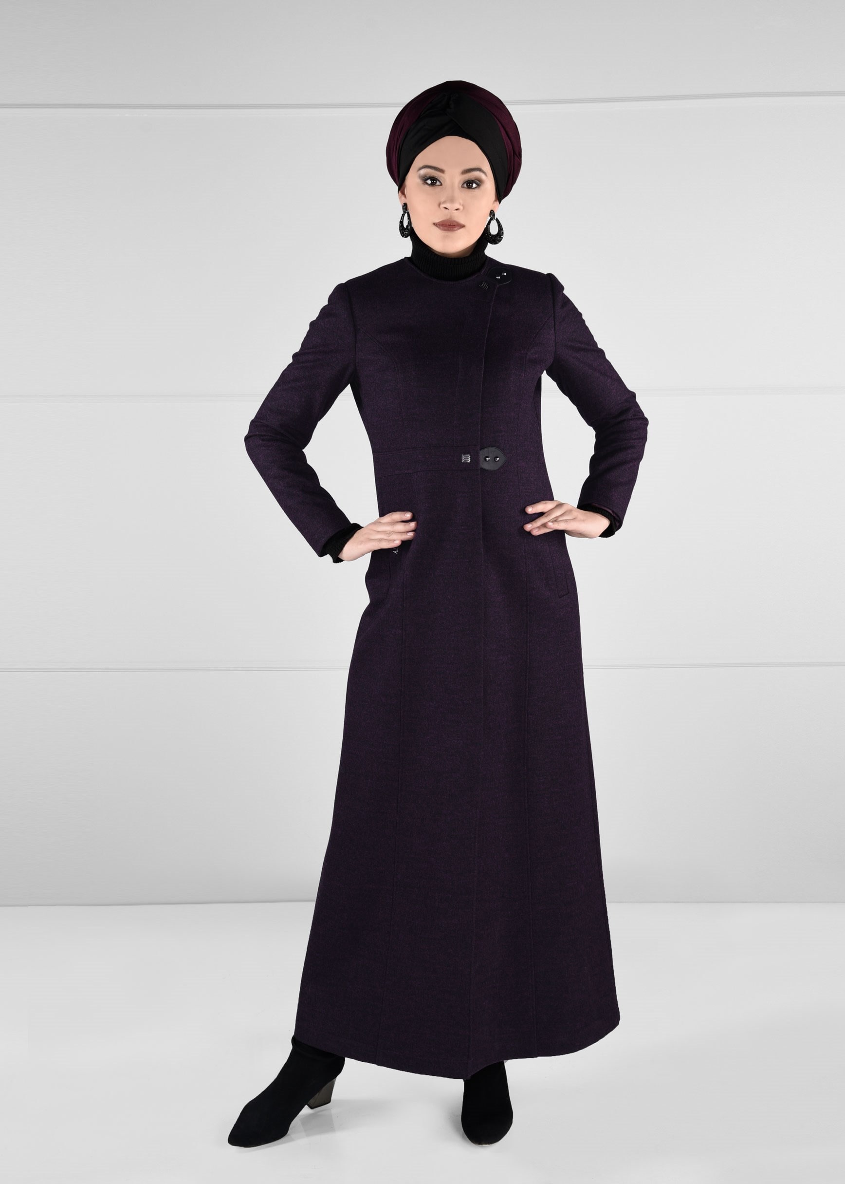 Tesettür giyim MÜRDÜM BİSİKLET YAKA DÜĞMELİ CEPLİ MANTO 9732 