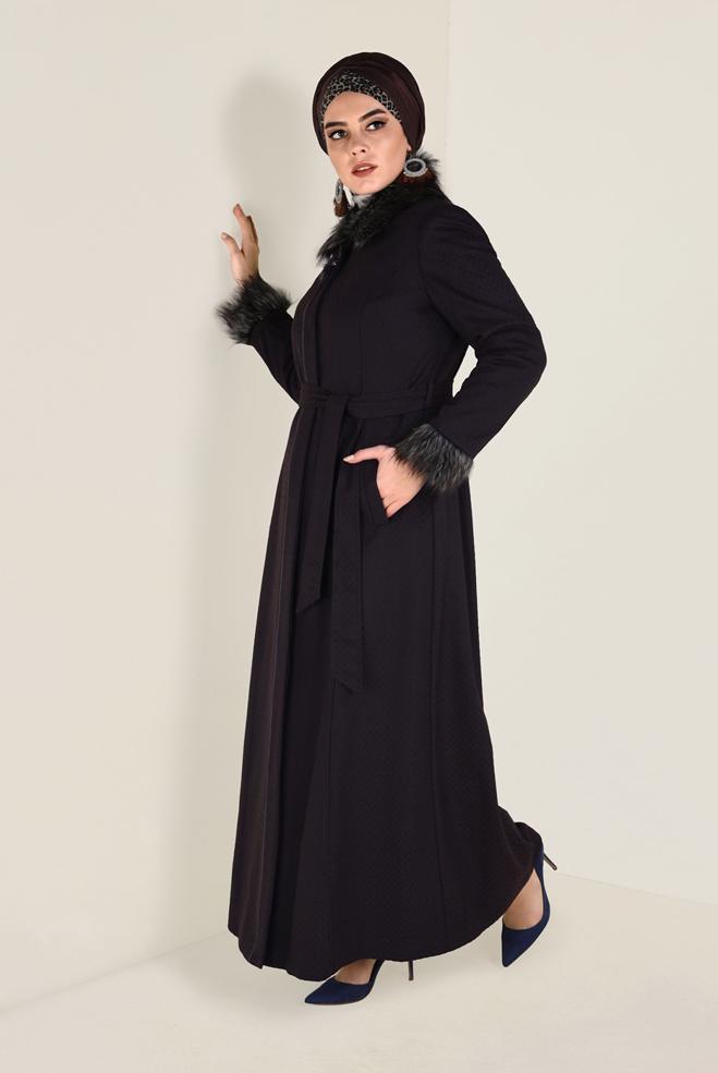 Hijab clothing BROWN FAUX-FUR DETAILED COAT 9755 - ALVİNA