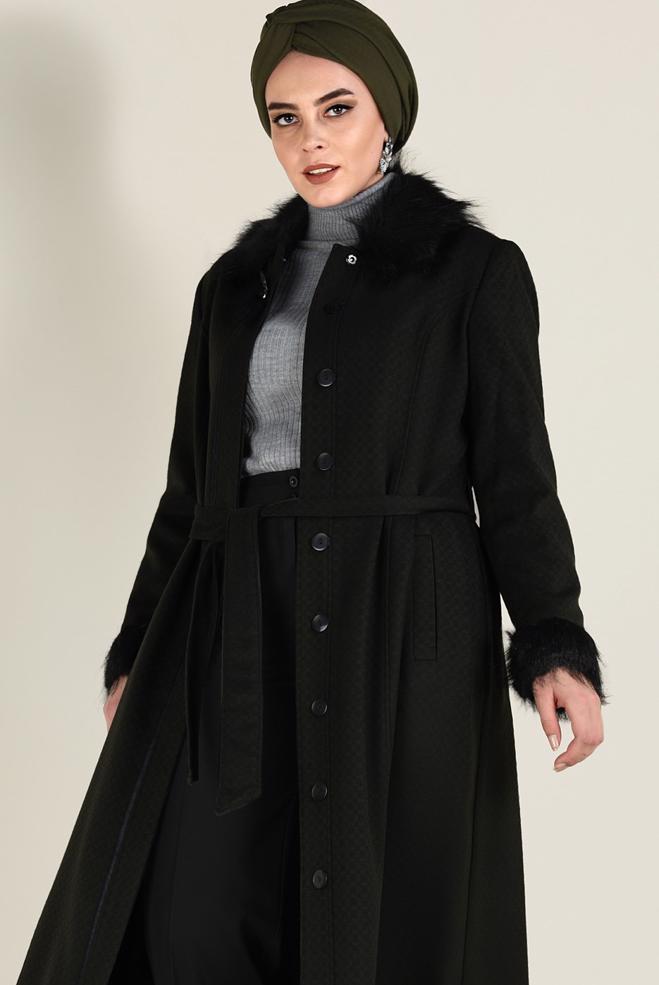 Hijab clothing KHAKI FAUX-FUR DETAILED COAT 9755 - ALVİNA