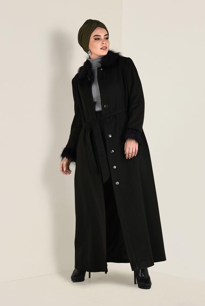 Hijab clothing KHAKI FAUX-FUR DETAILED COAT 9755 - ALVİNA