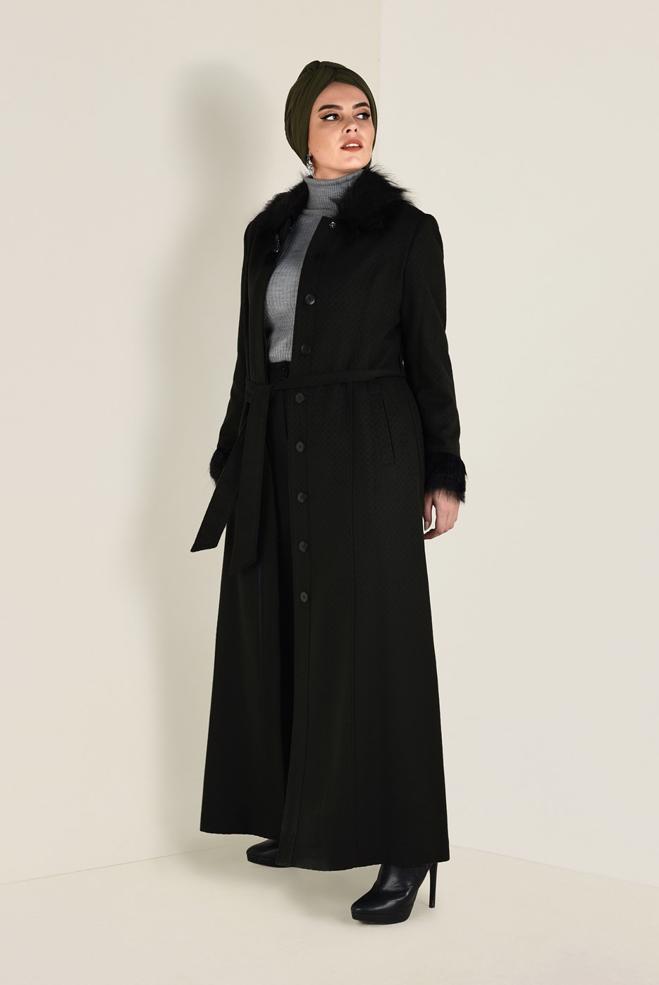 Hijab clothing KHAKI FAUX-FUR DETAILED COAT 9755 - ALVİNA