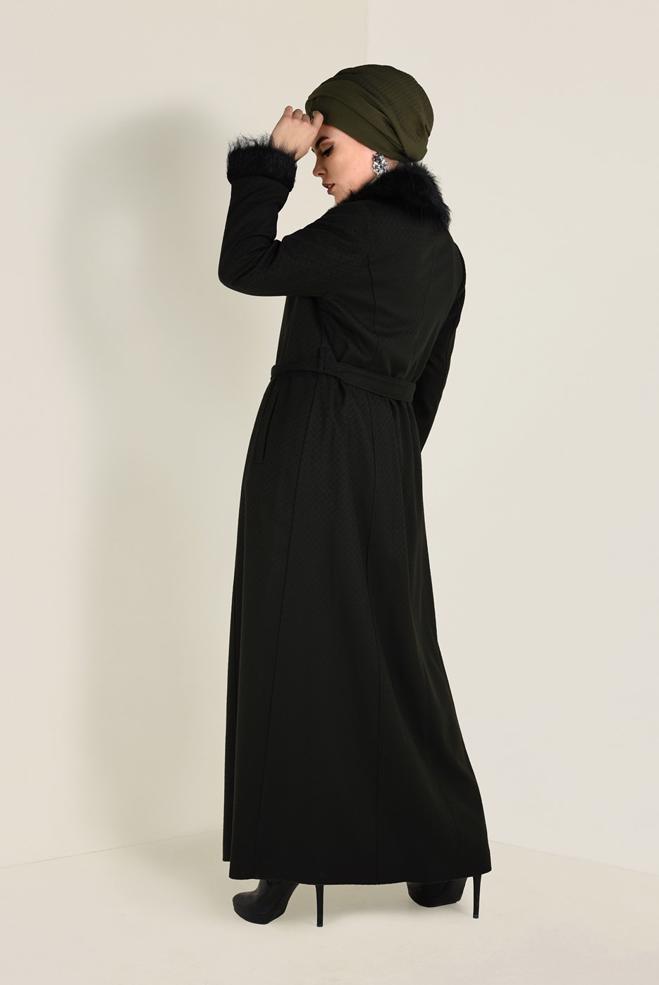 Hijab clothing KHAKI FAUX-FUR DETAILED COAT 9755 - ALVİNA