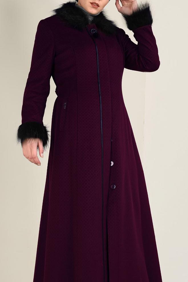 Vêtements hijab POURPRE MANTEAU AVEC DÉTAILLÉS EN FOURRURE 9755 - ALVİNA