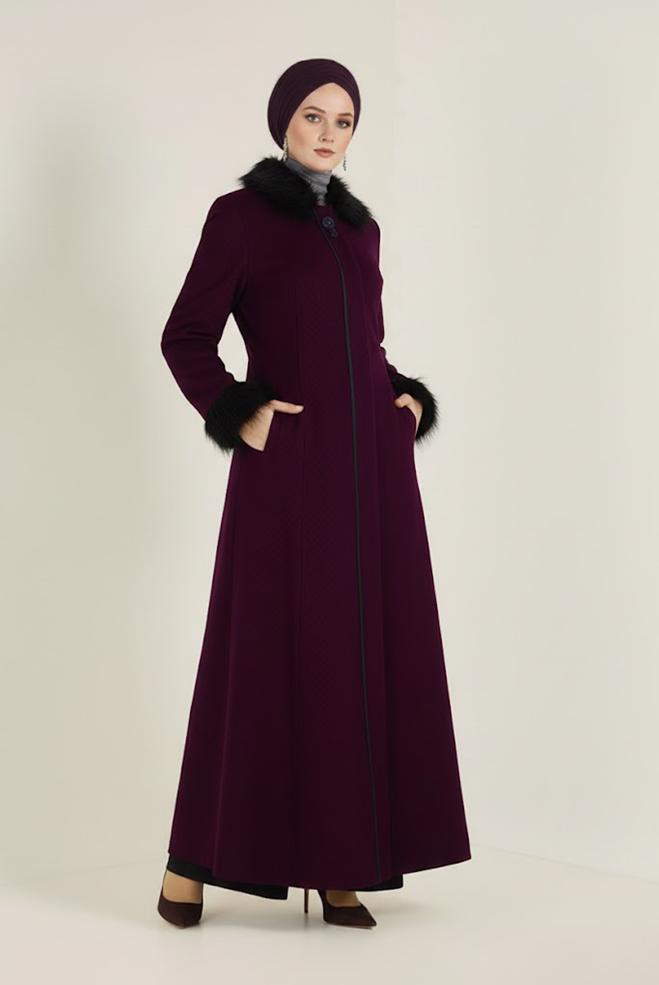 Hijab clothing PURPLE FAUX-FUR DETAILED COAT 9755 - ALVİNA