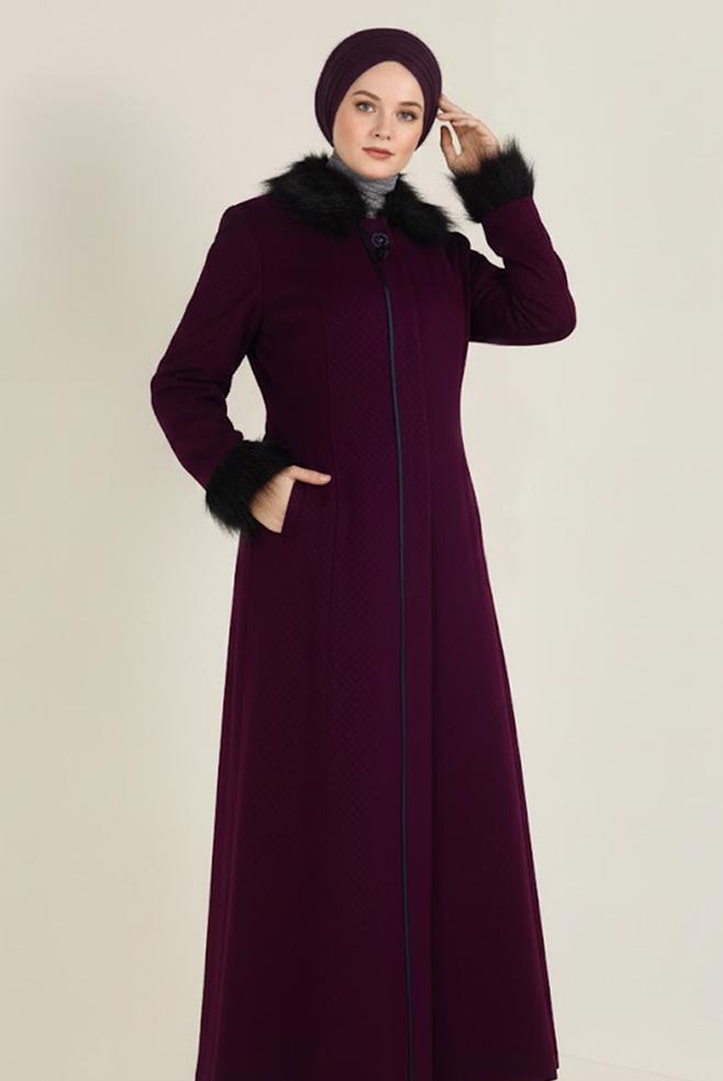 Hijab clothing PURPLE FAUX-FUR DETAILED COAT 9755 - ALVİNA