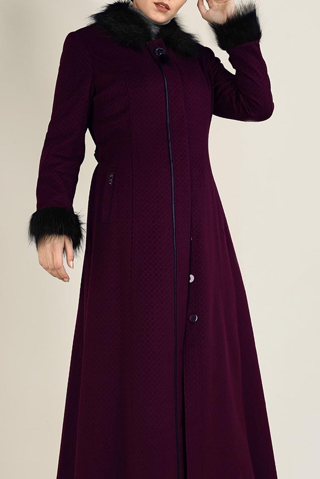 Hijab clothing PURPLE FAUX-FUR DETAILED COAT 9755 - ALVİNA
