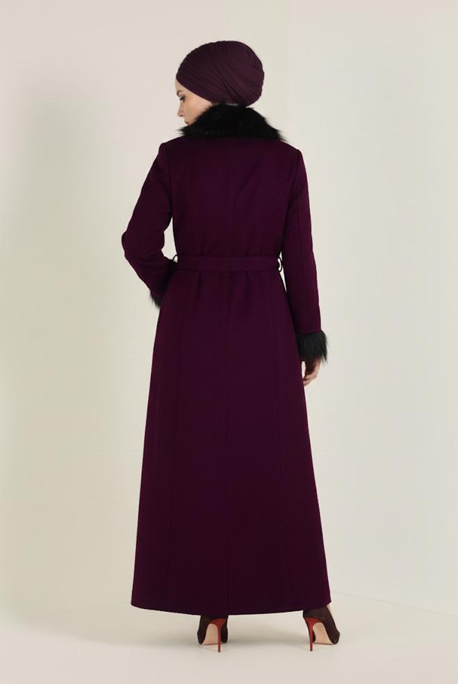 Hijab clothing PURPLE FAUX-FUR DETAILED COAT 9755 - ALVİNA