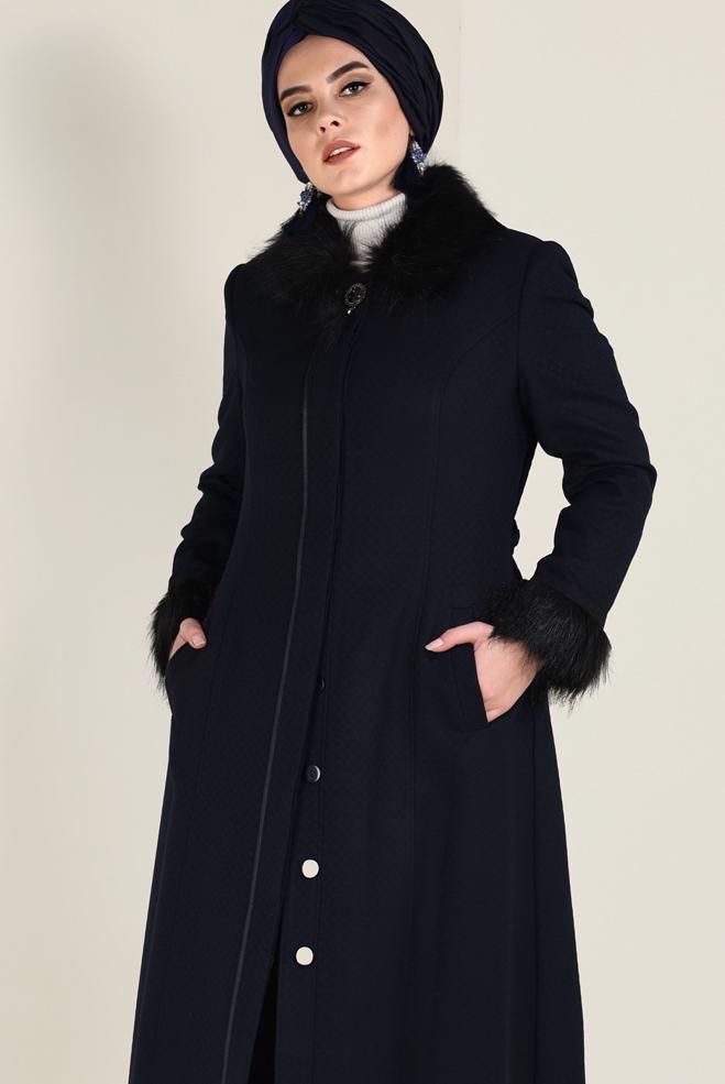 Hijab clothing NAVY BLUE FAUX-FUR DETAILED COAT 9755 - ALVİNA