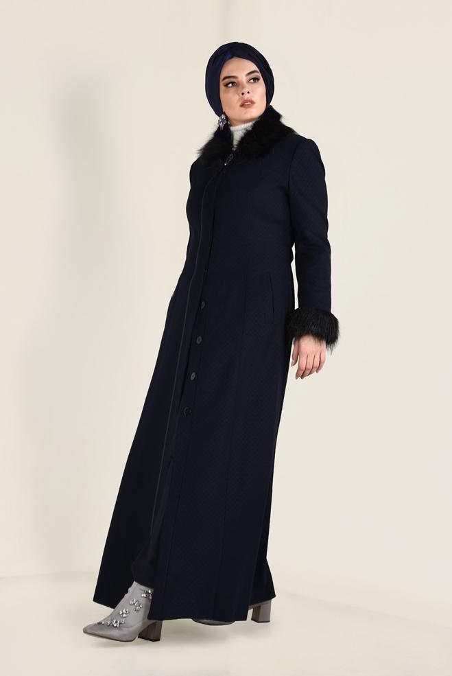 Hijab clothing NAVY BLUE FAUX-FUR DETAILED COAT 9755 - ALVİNA