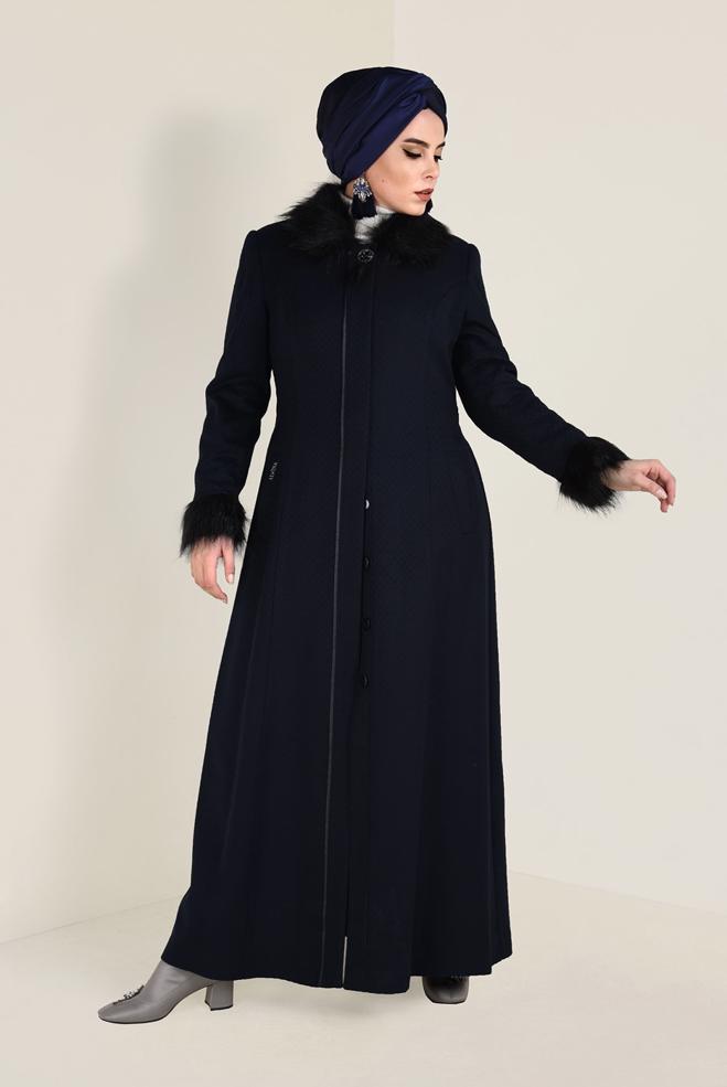 Hijab clothing NAVY BLUE FAUX-FUR DETAILED COAT 9755 - ALVİNA