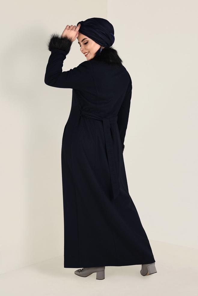 Hijab clothing NAVY BLUE FAUX-FUR DETAILED COAT 9755 - ALVİNA