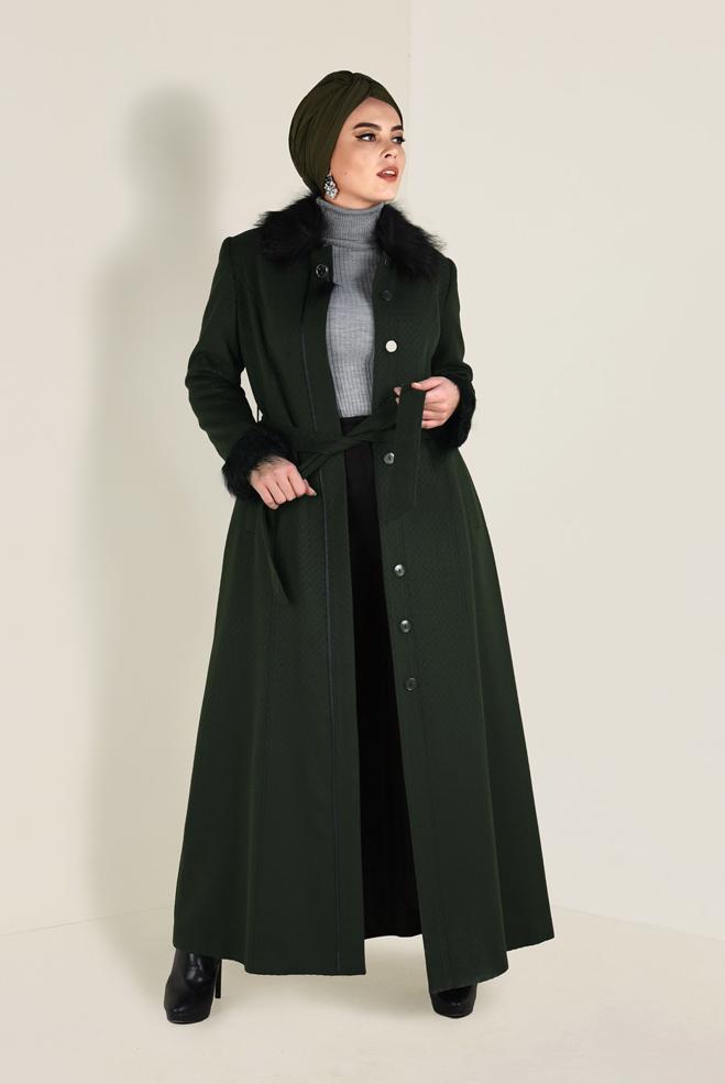 Hijab clothing GREEN FAUX-FUR DETAILED COAT 9755 - ALVİNA