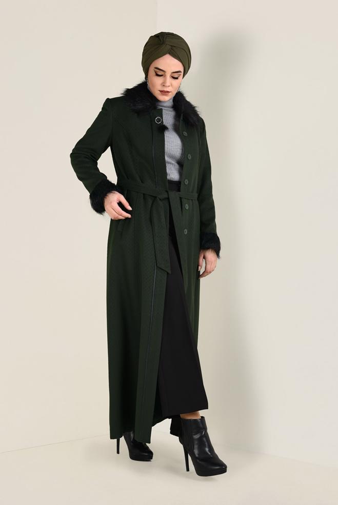 Hijab clothing GREEN FAUX-FUR DETAILED COAT 9755 - ALVİNA