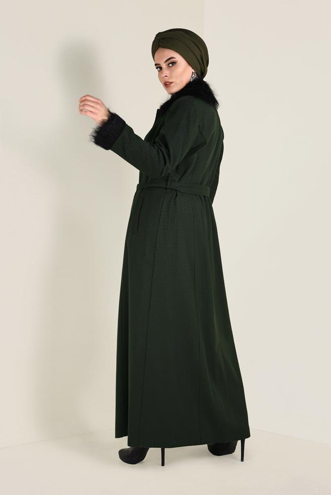 Hijab clothing GREEN FAUX-FUR DETAILED COAT 9755 - ALVİNA
