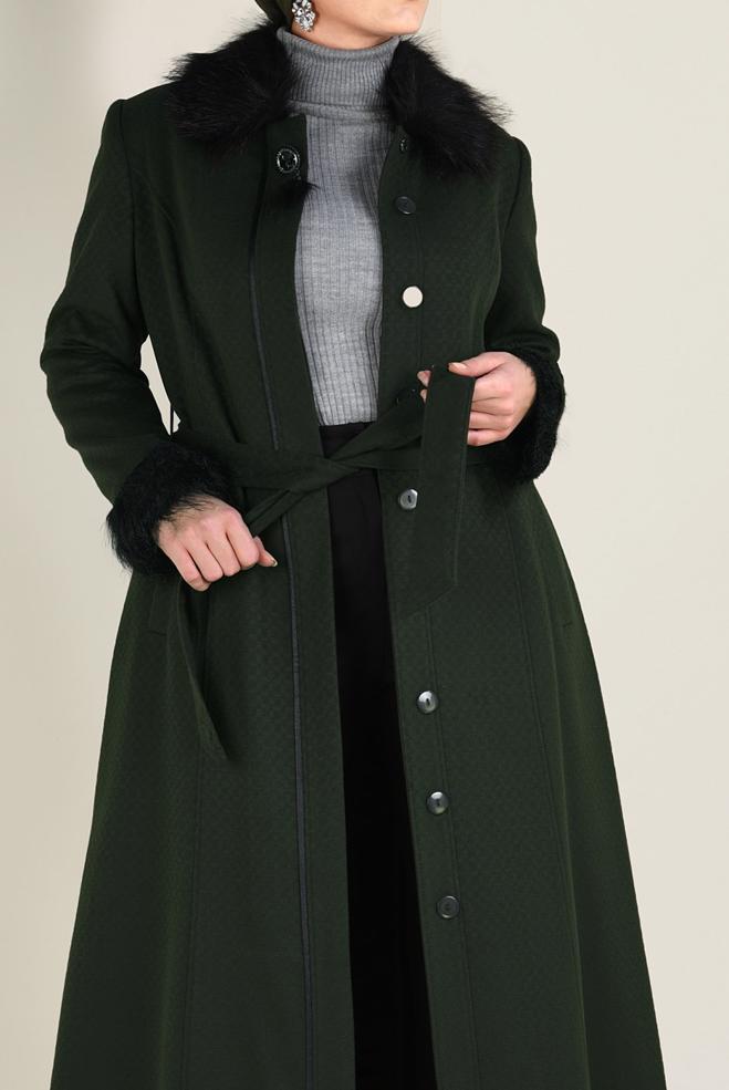 Hijab clothing GREEN FAUX-FUR DETAILED COAT 9755 - ALVİNA