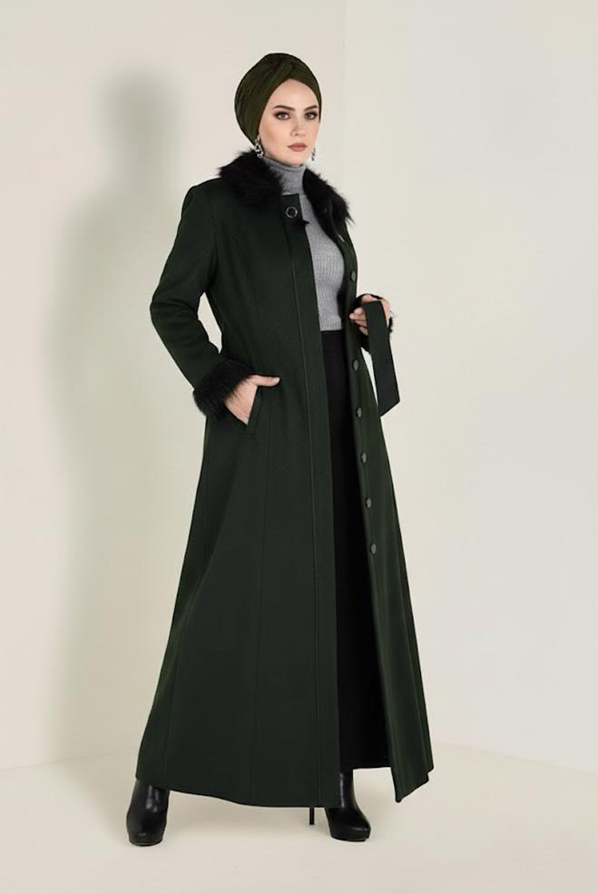 Hijab clothing GREEN FAUX-FUR DETAILED COAT 9755 - ALVİNA
