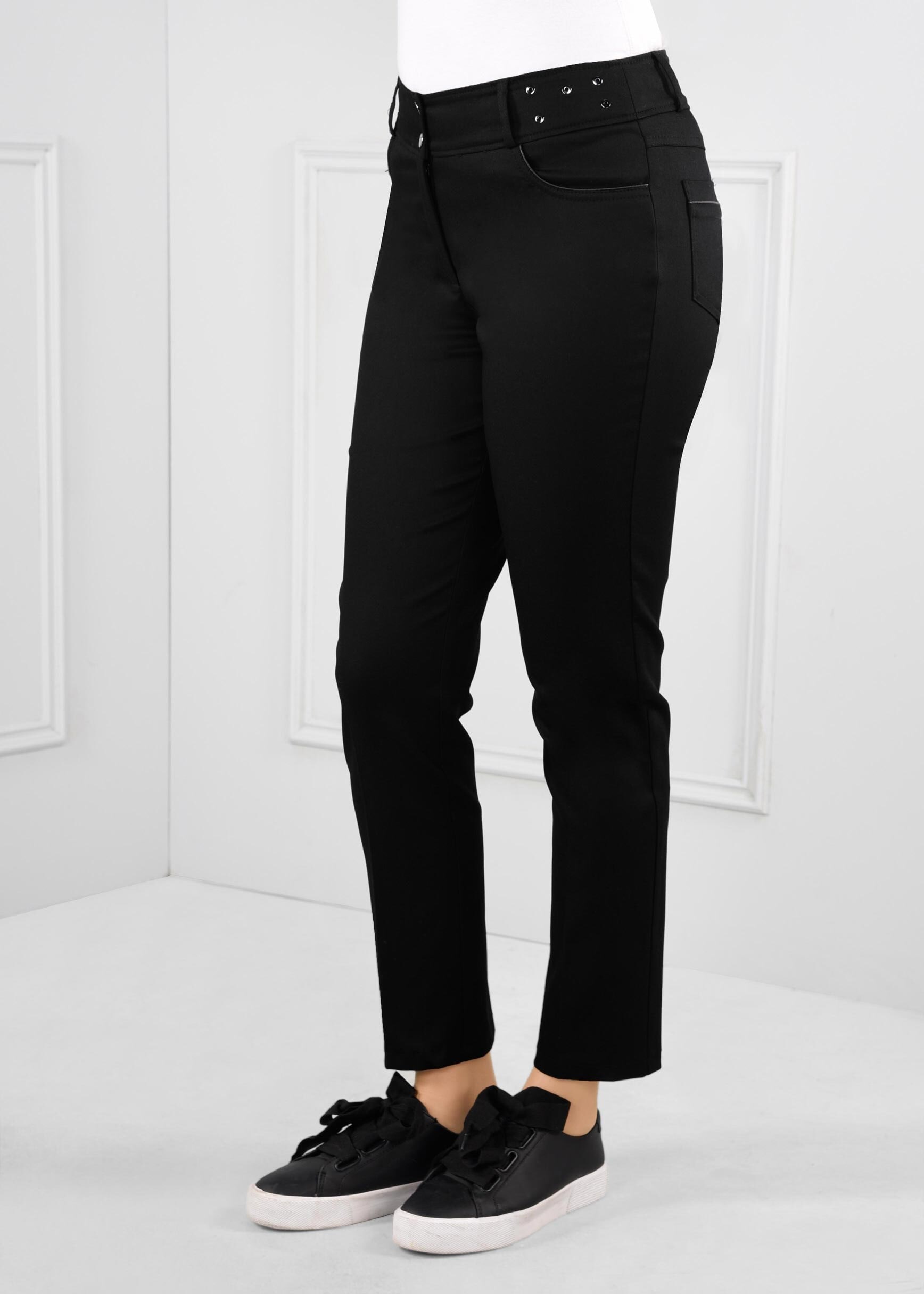 Tesettür giyim SİYAH BELİ KUŞ GÖZÜ DETAYLI DÜĞMELİ DAR PAÇA PANTOLON 7100