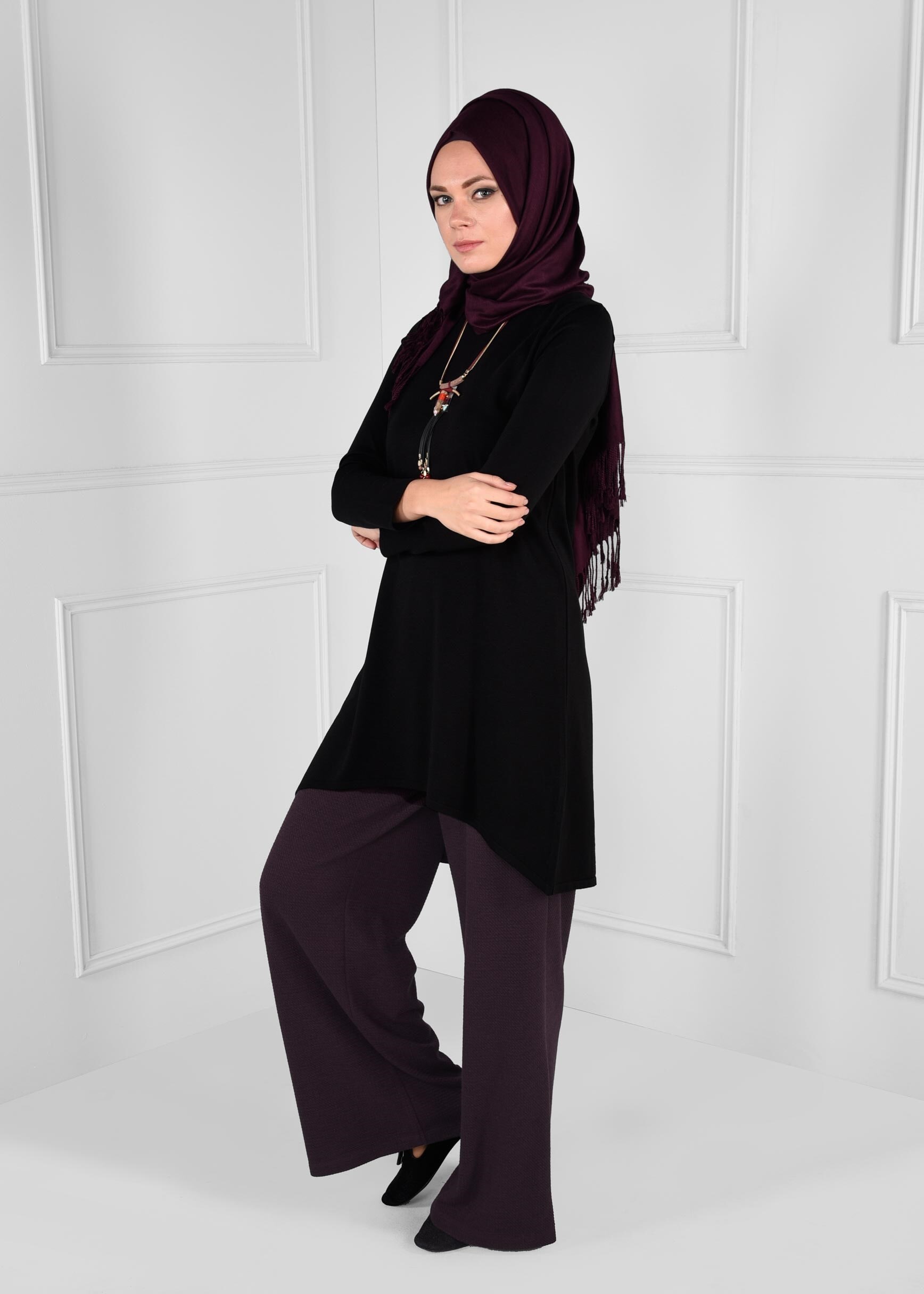 Tesettür giyim MOR SALAŞ KESİM ÖRME PANTOLON 7216