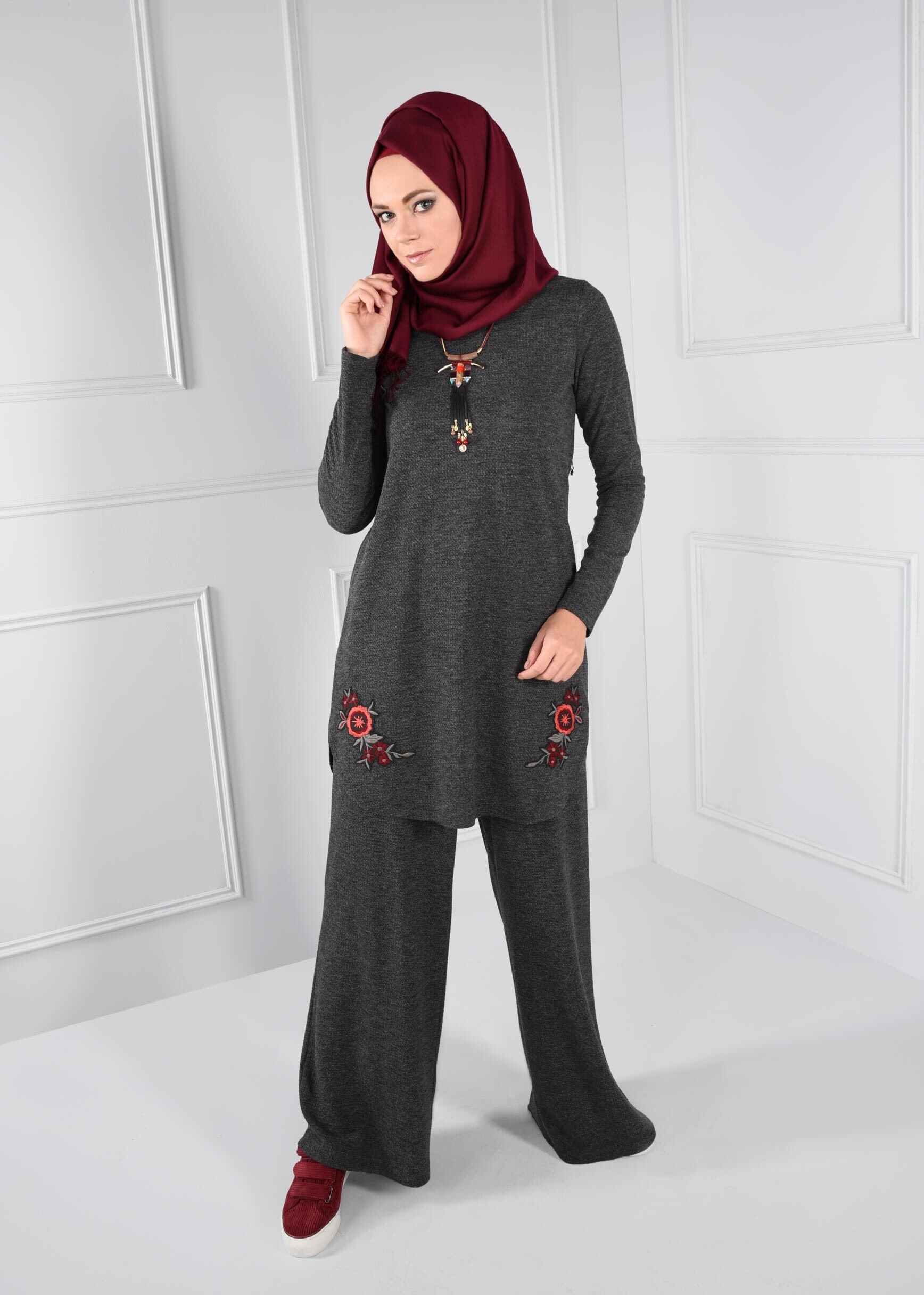 Tesettür giyim GRİ SALAŞ KESİM ÖRME PANTOLON 7216