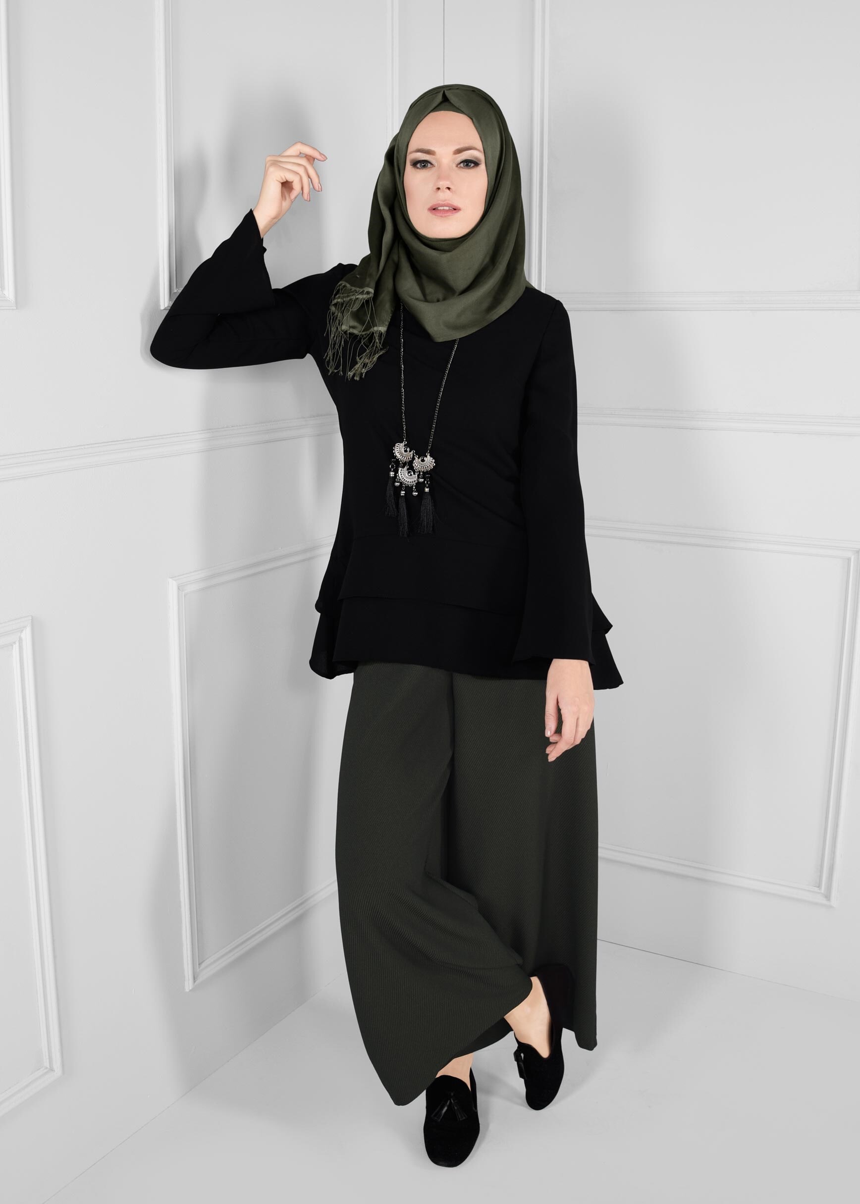 Tesettür giyim HAKİ SALAŞ KESİM ÖRME PANTOLON 7216