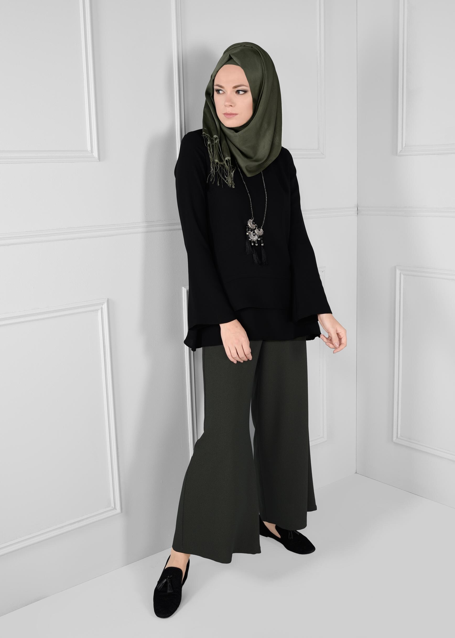 Tesettür giyim HAKİ SALAŞ KESİM ÖRME PANTOLON 7216