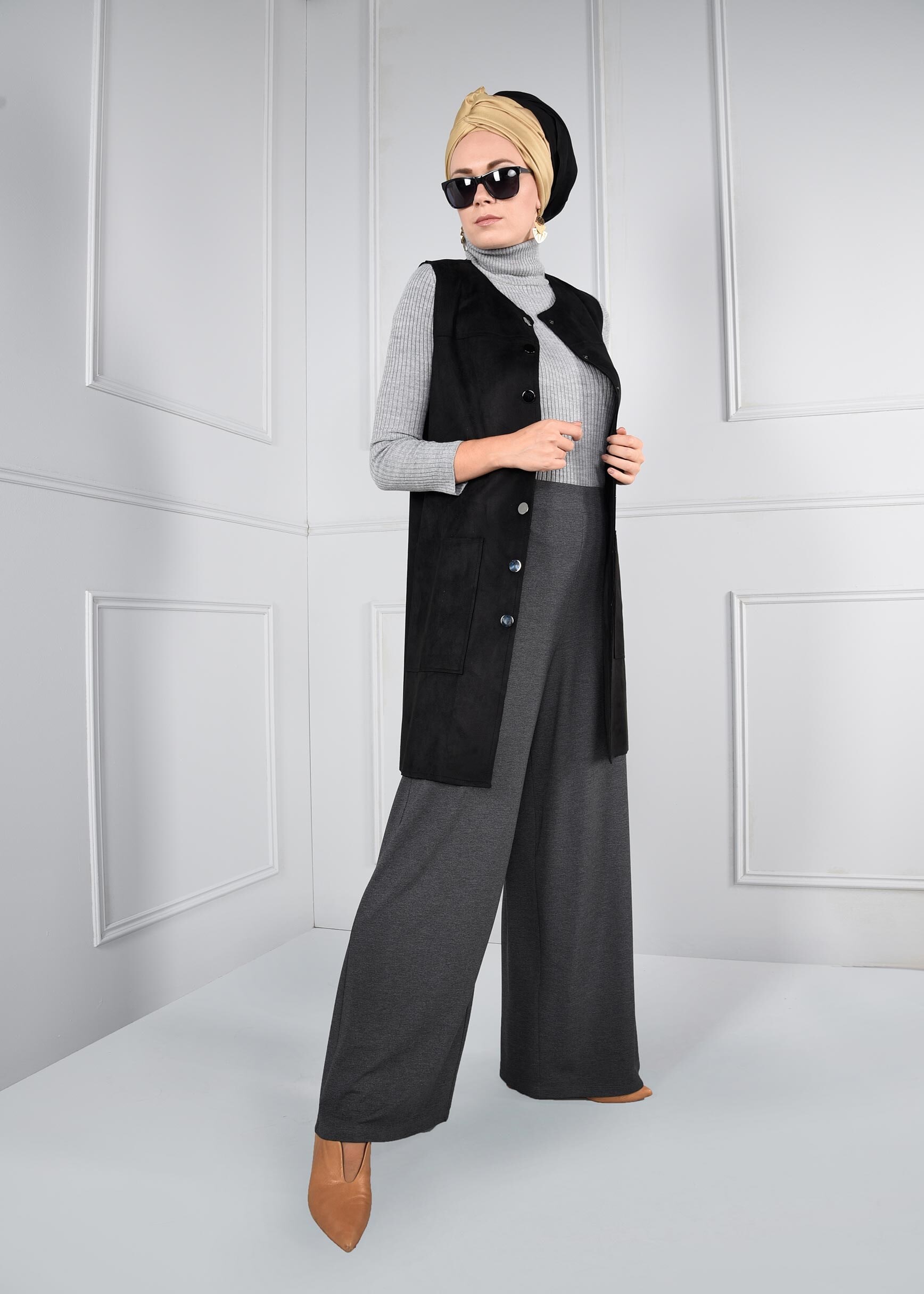 Tesettür giyim GRİ BELİ LASTİKLİ SALAŞ PANTOLON 7217