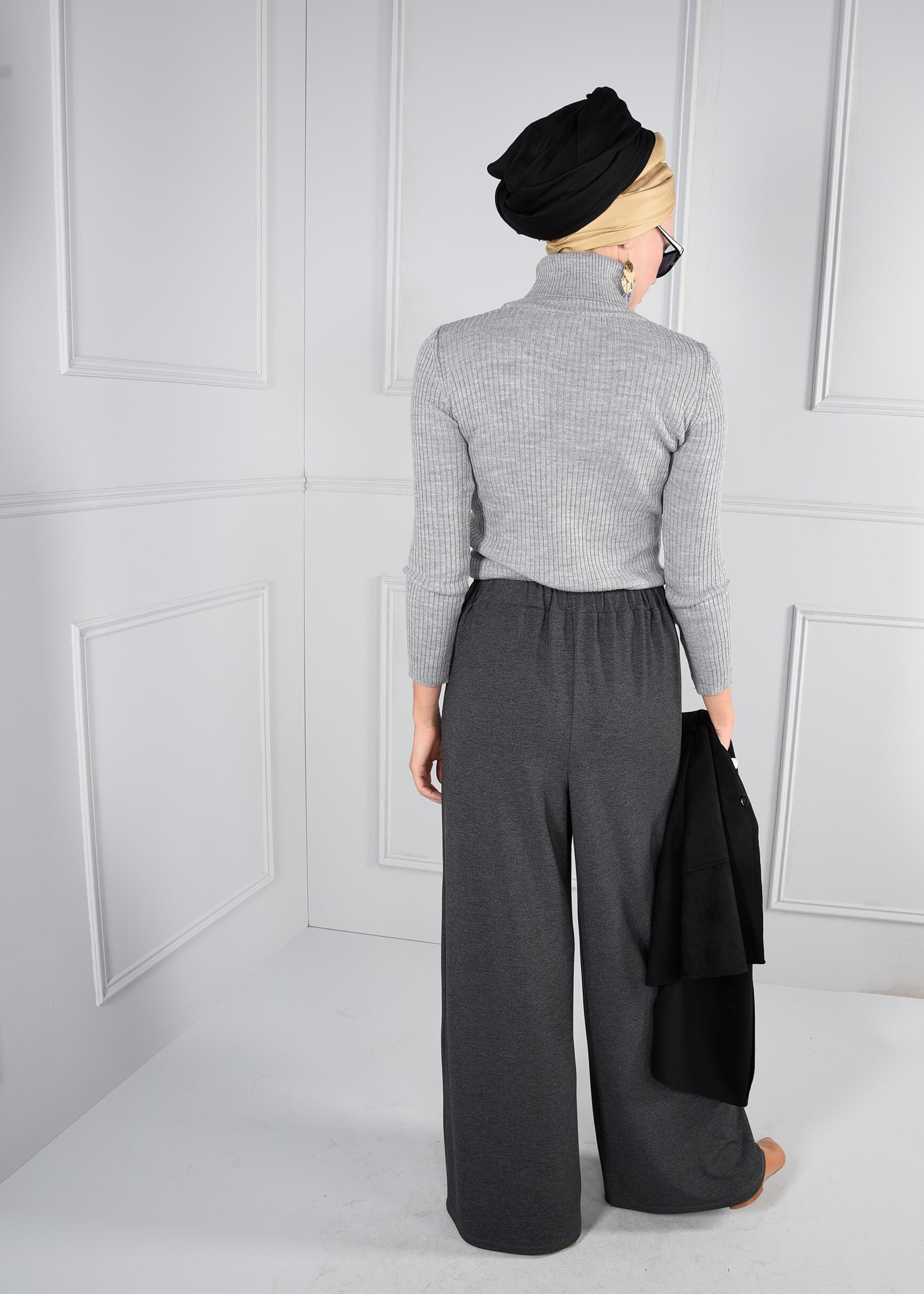 Tesettür giyim GRİ BELİ LASTİKLİ SALAŞ PANTOLON 7217