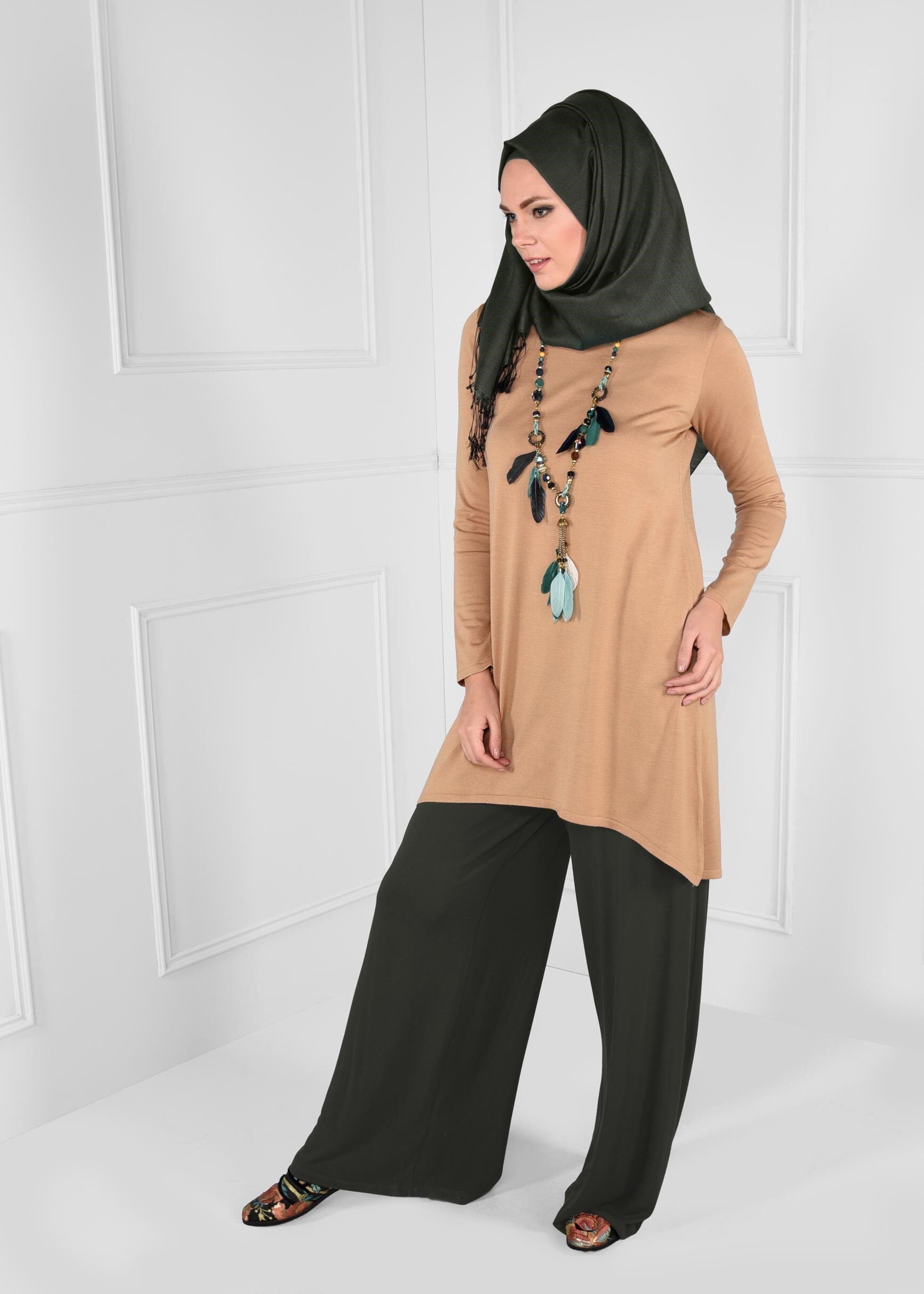 Tesettür giyim HAKİ BELİ LASTİKLİ SALAŞ PANTOLON 7217