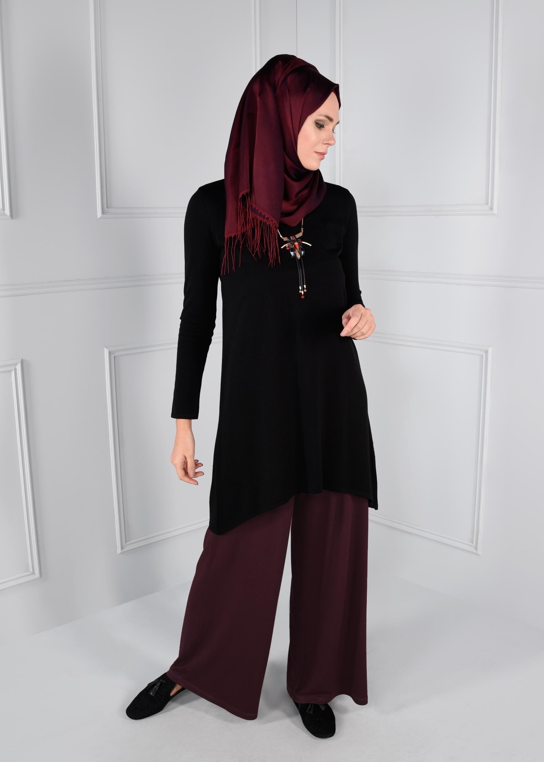 Tesettür giyim BORDO BELİ LASTİKLİ SALAŞ PANTOLON 7217