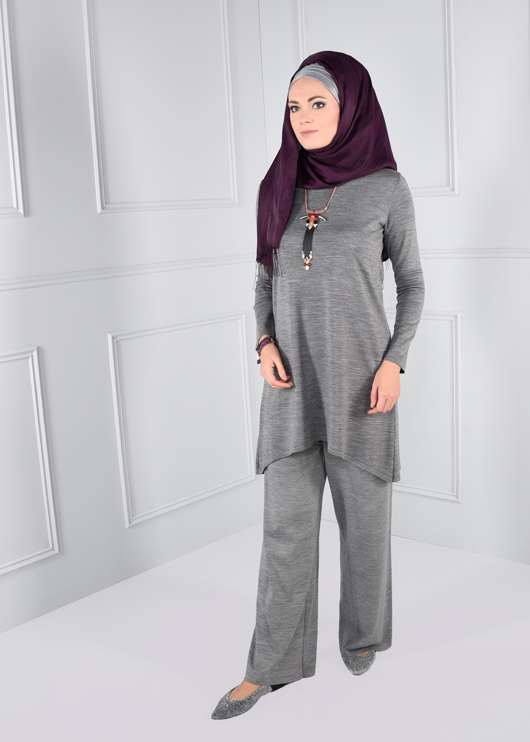 Tesettür giyim GRİ SALAŞ KESİM TRİKO PANTOLON 7220