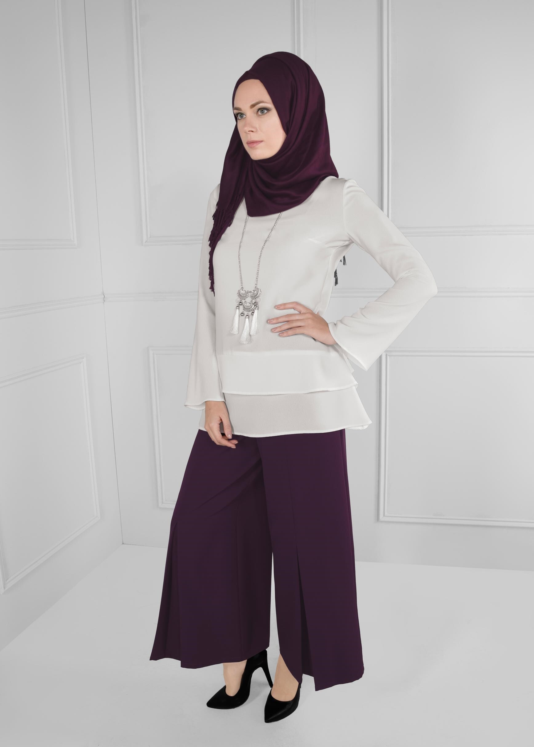Tesettür giyim MOR GİZLİ YIRTMAÇ DETAYLI GENİŞ PAÇA SALAŞ PANTOLON 7221 