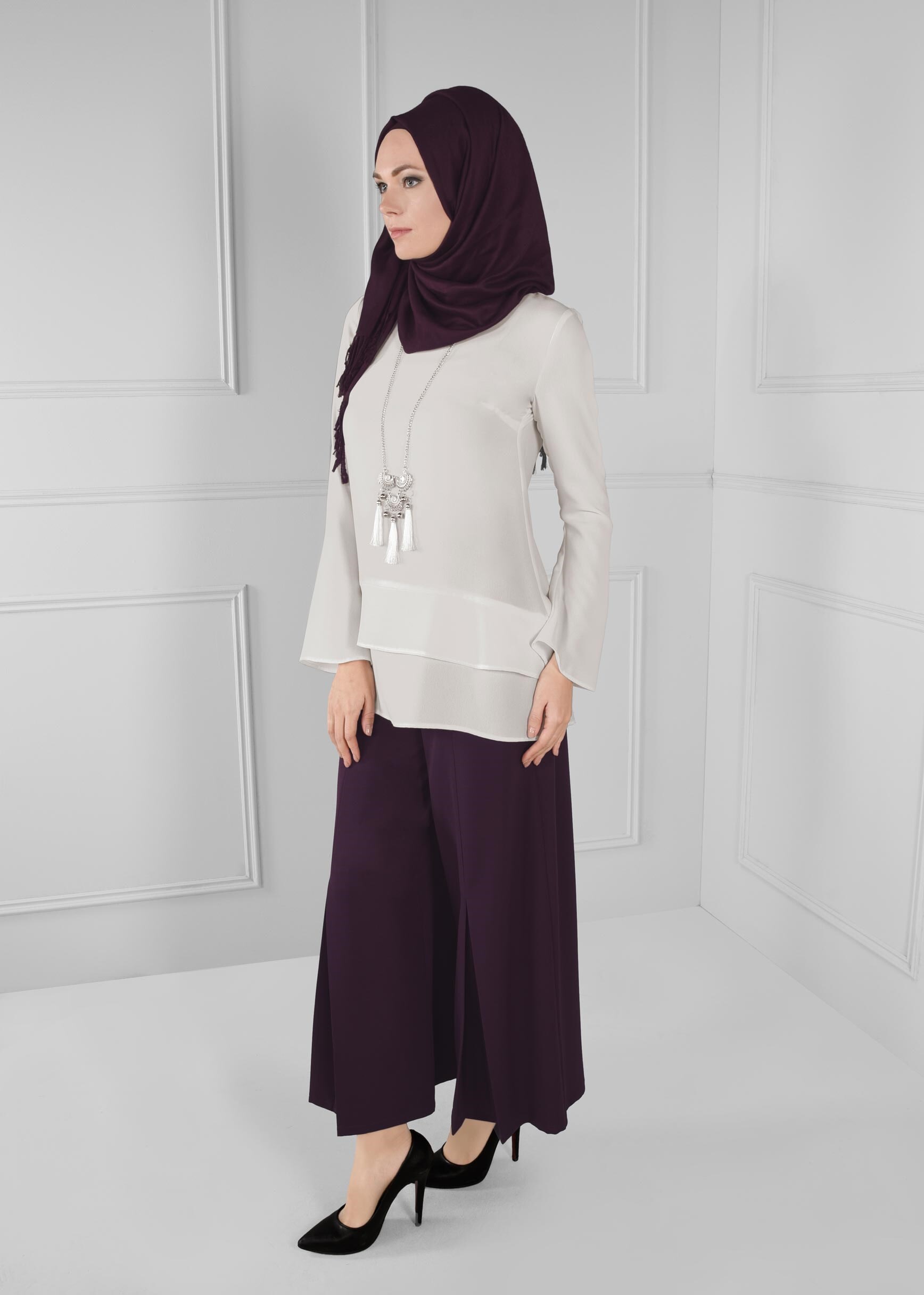 Tesettür giyim MOR GİZLİ YIRTMAÇ DETAYLI GENİŞ PAÇA SALAŞ PANTOLON 7221 