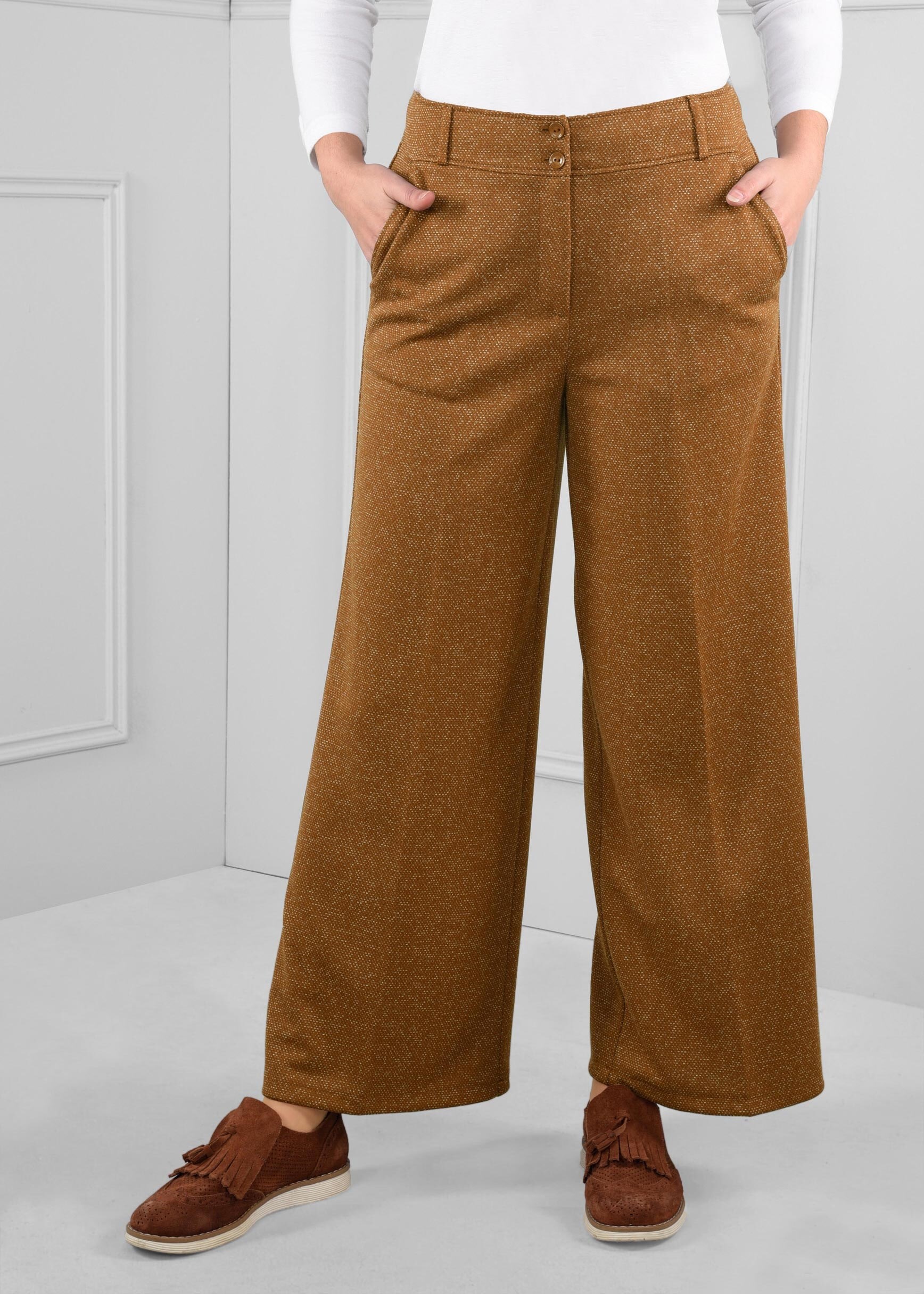 Tesettür giyim KAHVE DÜĞMELİ GENİŞ PAÇA KUMAŞ PANTOLON 7222