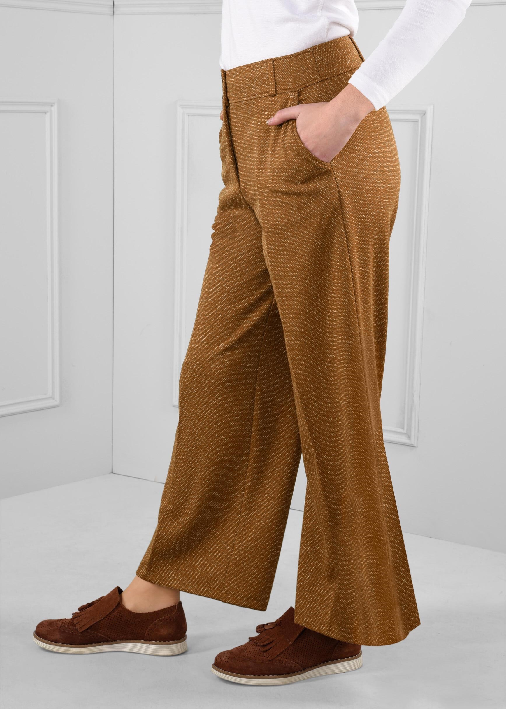 Tesettür giyim KAHVE DÜĞMELİ GENİŞ PAÇA KUMAŞ PANTOLON 7222