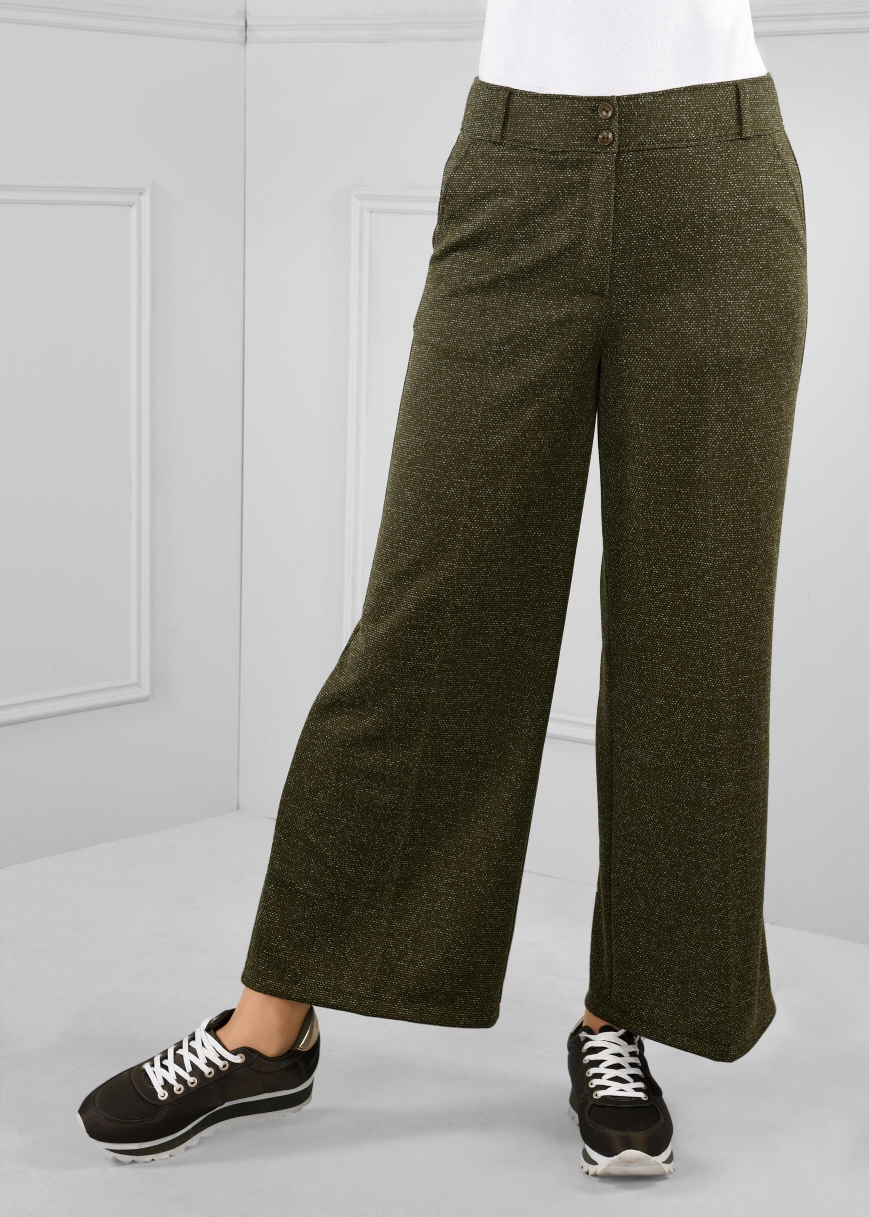 Tesettür giyim HAKİ DÜĞMELİ GENİŞ PAÇA KUMAŞ PANTOLON 7222