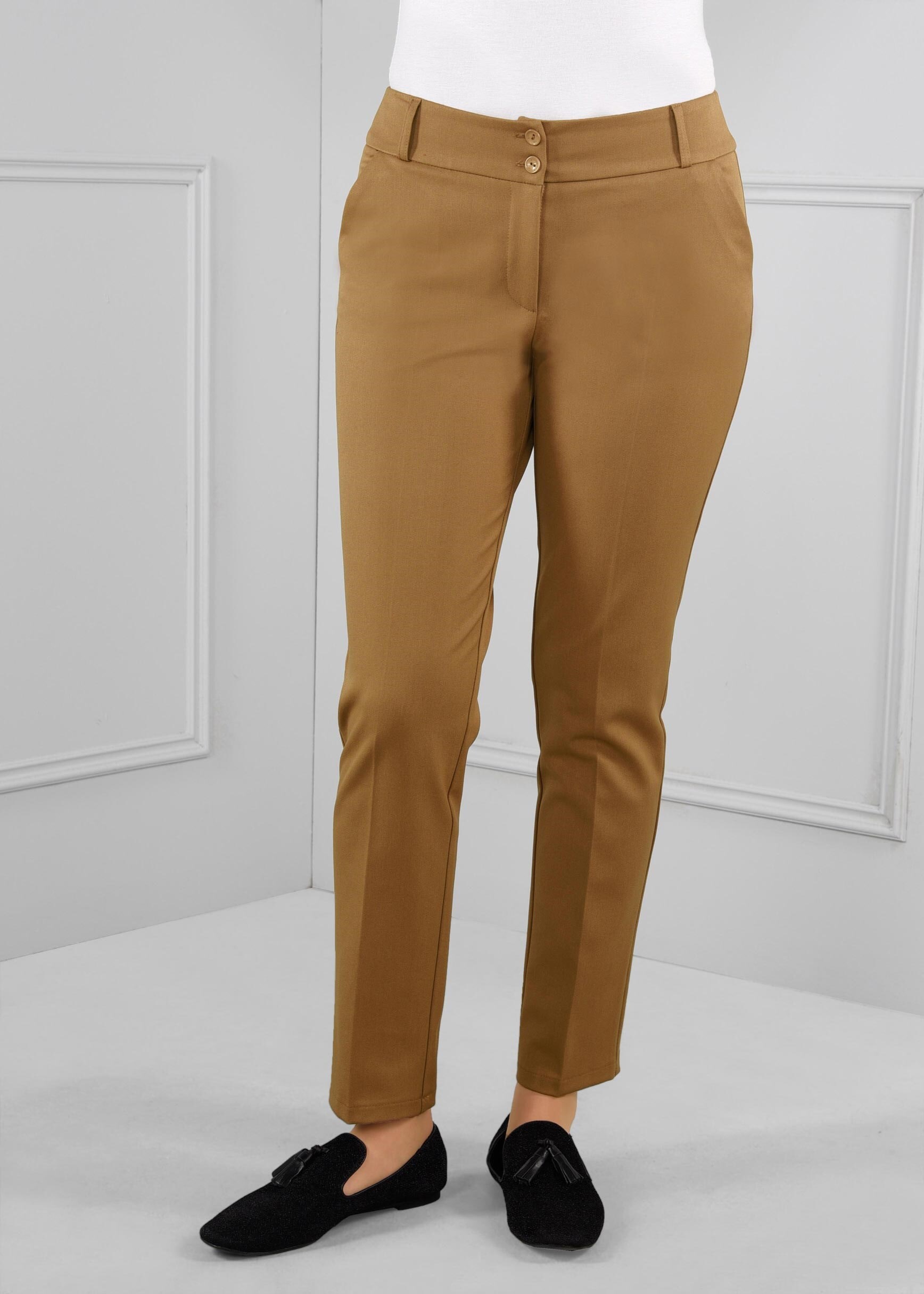 Tesettür giyim KAHVE DÜĞMELİ ARA BEL KUMAŞ PANTOLON 7224