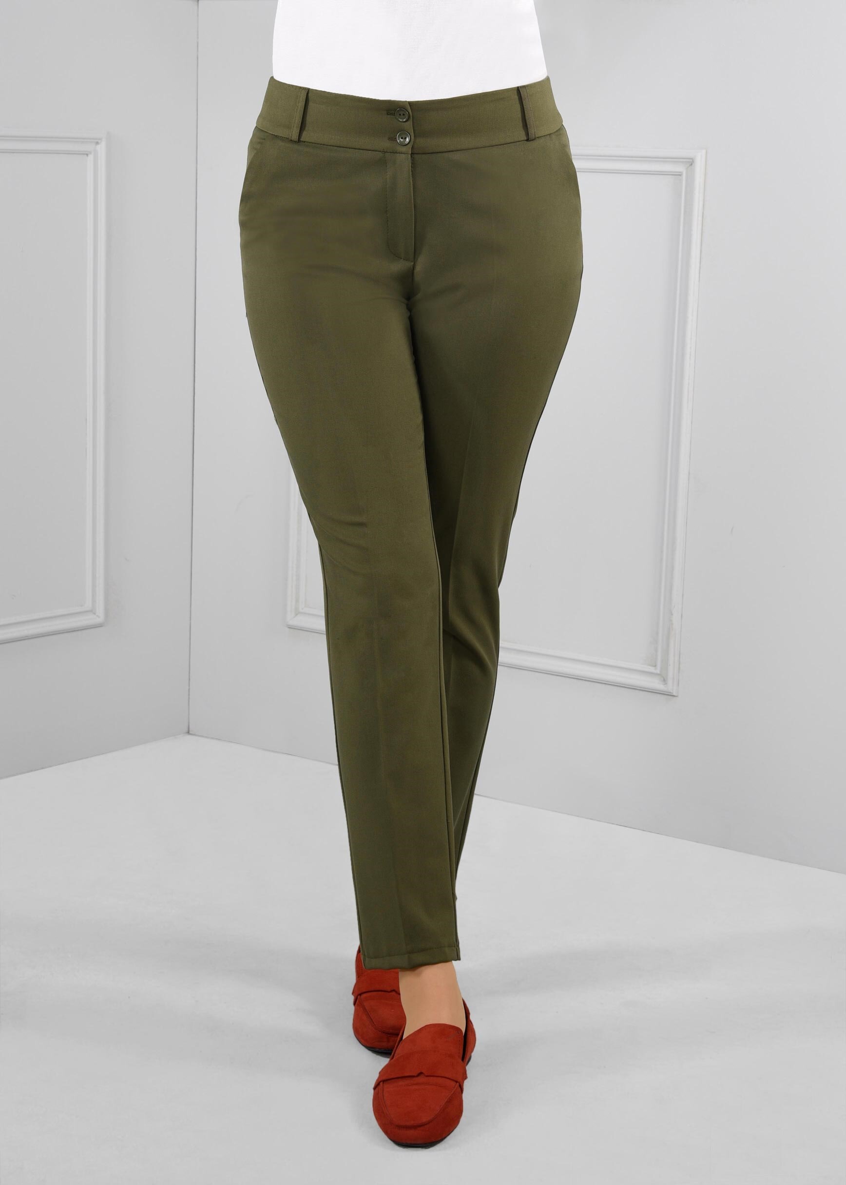 Tesettür giyim HAKİ DÜĞMELİ ARA BEL KUMAŞ PANTOLON 7224