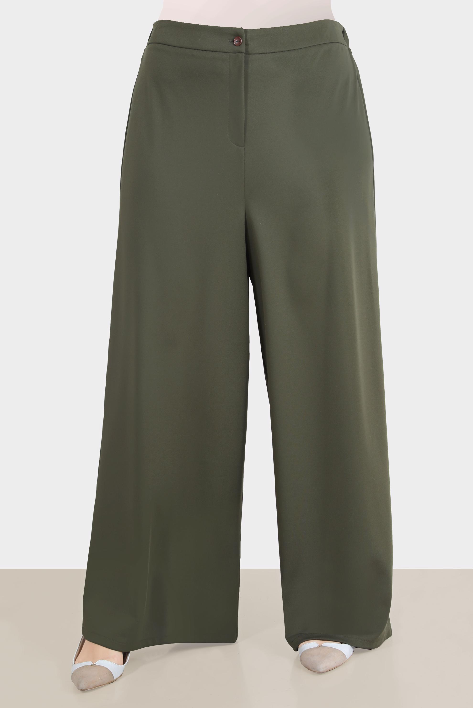 Tesettür giyim HAKİ DÜĞMELİ YÜKSEK BEL GENİŞ KESİM PANTOLON 7233 