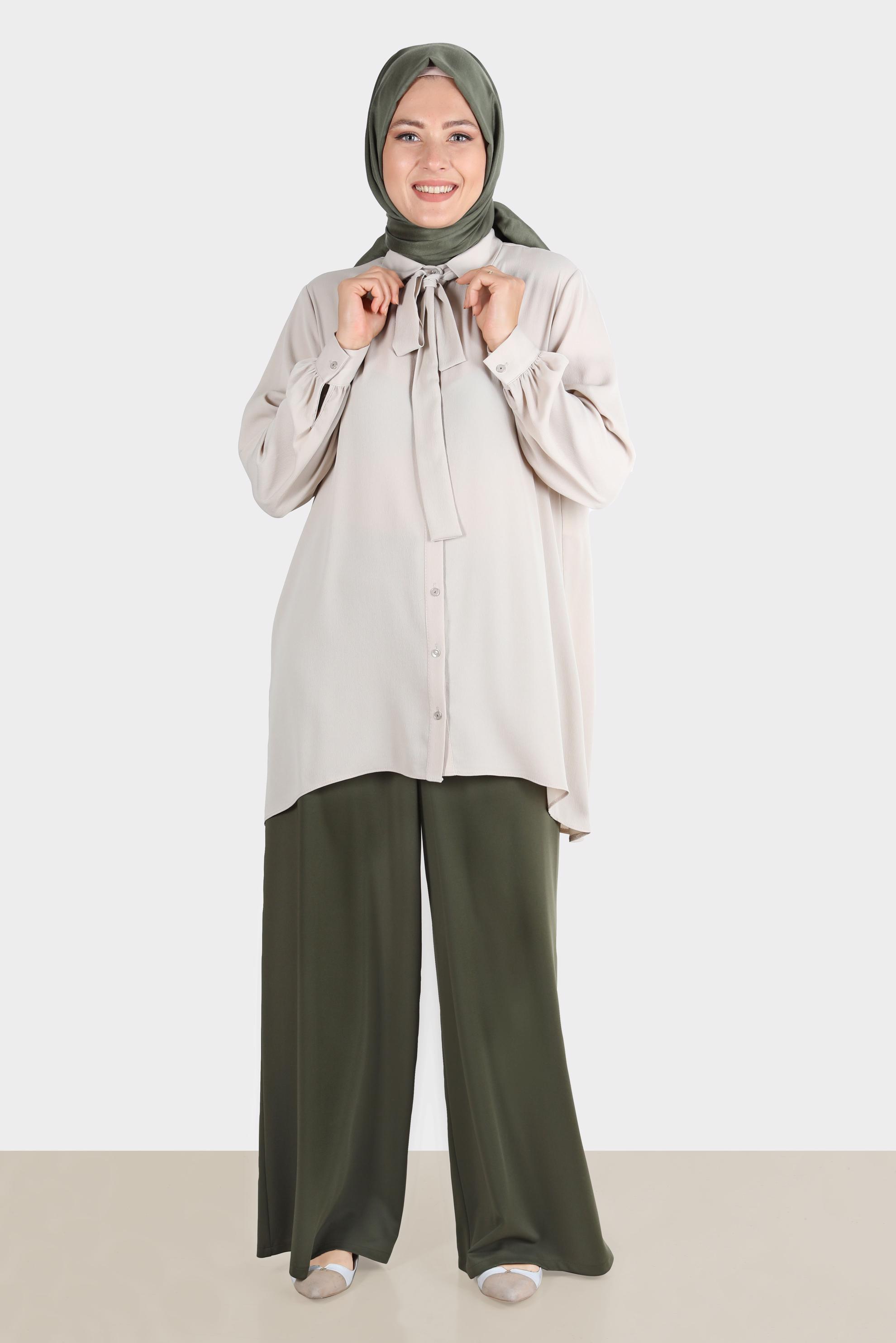 Tesettür giyim HAKİ DÜĞMELİ YÜKSEK BEL GENİŞ KESİM PANTOLON 7233 