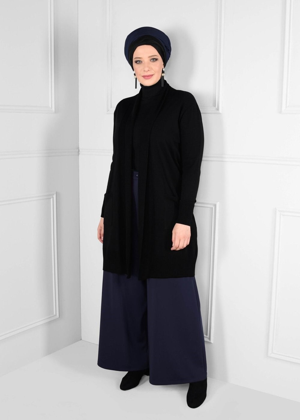 Tesettür giyim LACİVERT DÜĞMELİ YÜKSEK BEL GENİŞ KESİM PANTOLON 7233 