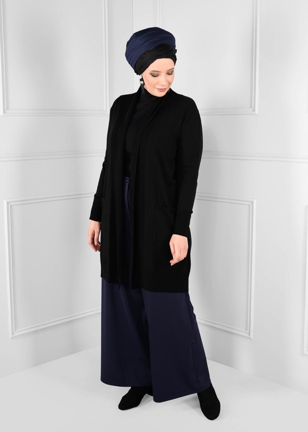 Tesettür giyim LACİVERT DÜĞMELİ YÜKSEK BEL GENİŞ KESİM PANTOLON 7233 