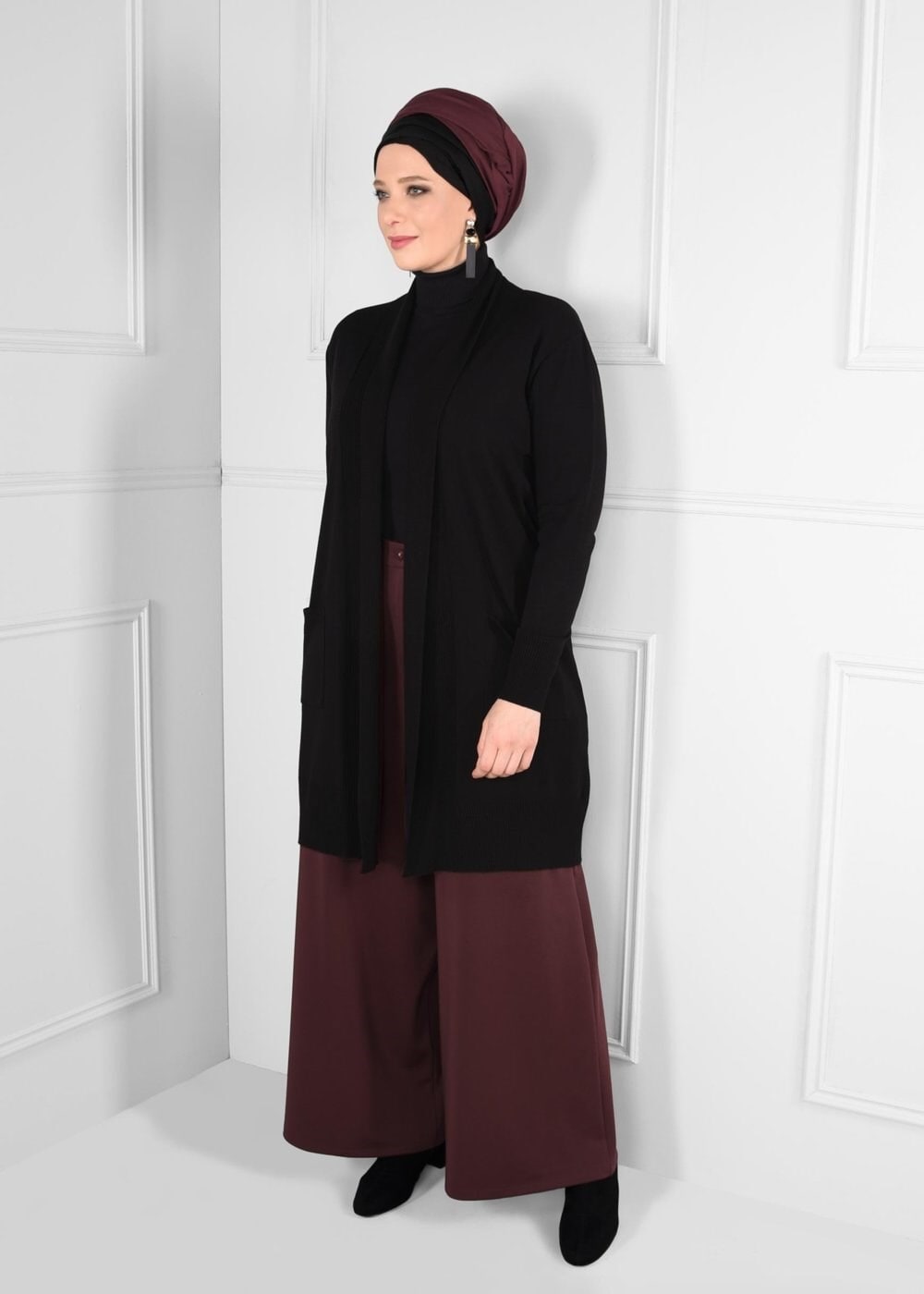 Tesettür giyim BORDO DÜĞMELİ YÜKSEK BEL GENİŞ KESİM PANTOLON 7233 